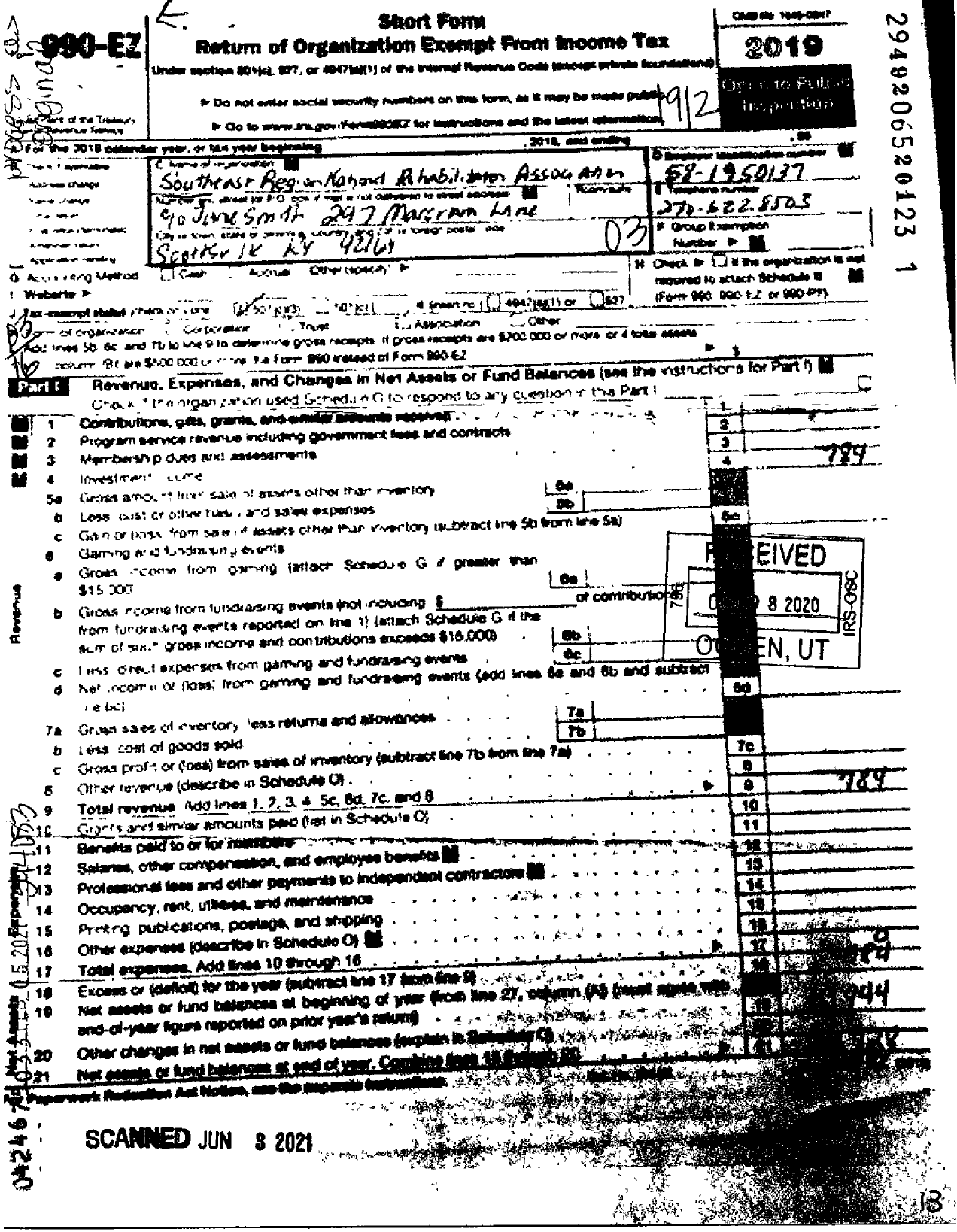 Image of first page of 2019 Form 990EZ for Southeast Region of the National Rehabilitation Association