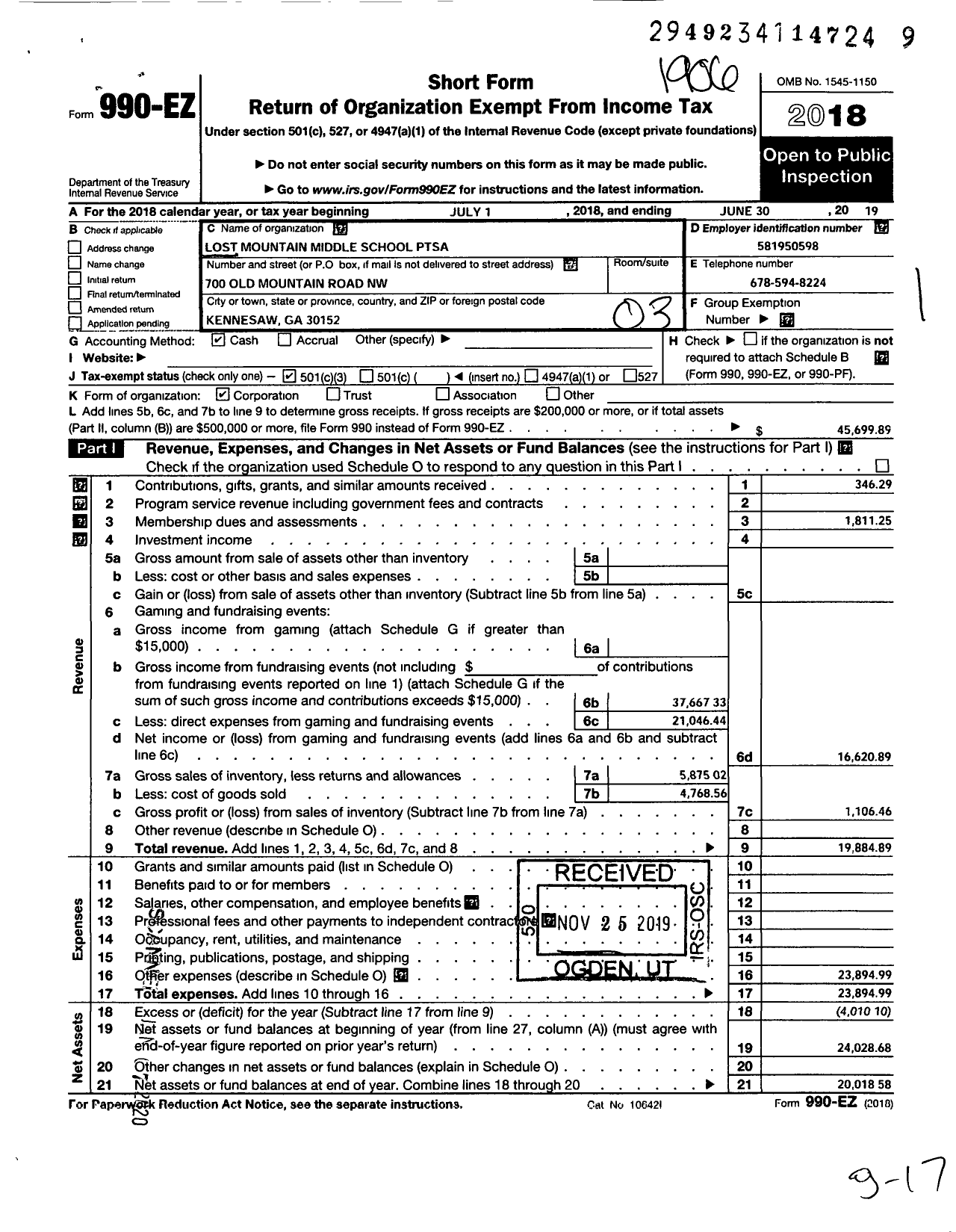 Image of first page of 2018 Form 990EZ for GEORGIA PTA - Lost Mountain Middle School PTSA