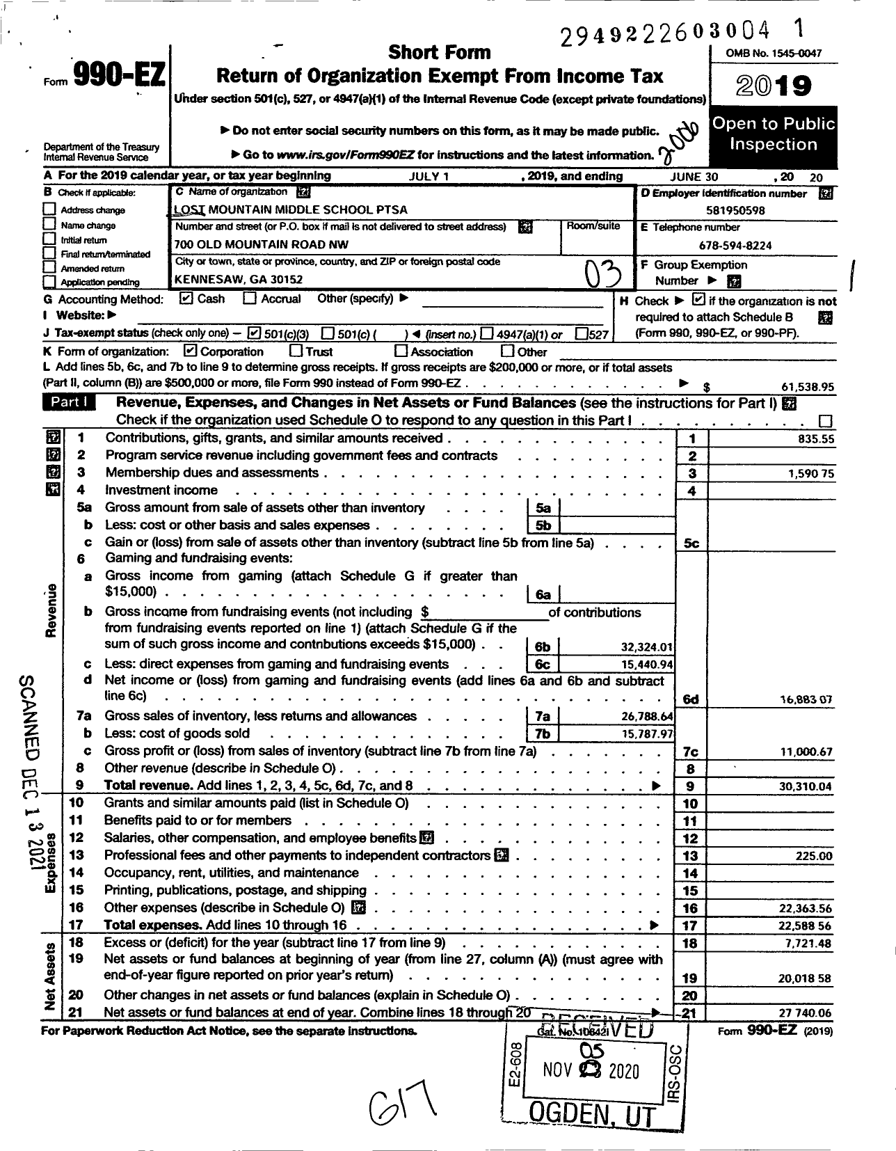 Image of first page of 2019 Form 990EZ for GEORGIA PTA - Lost Mountain Middle School PTSA