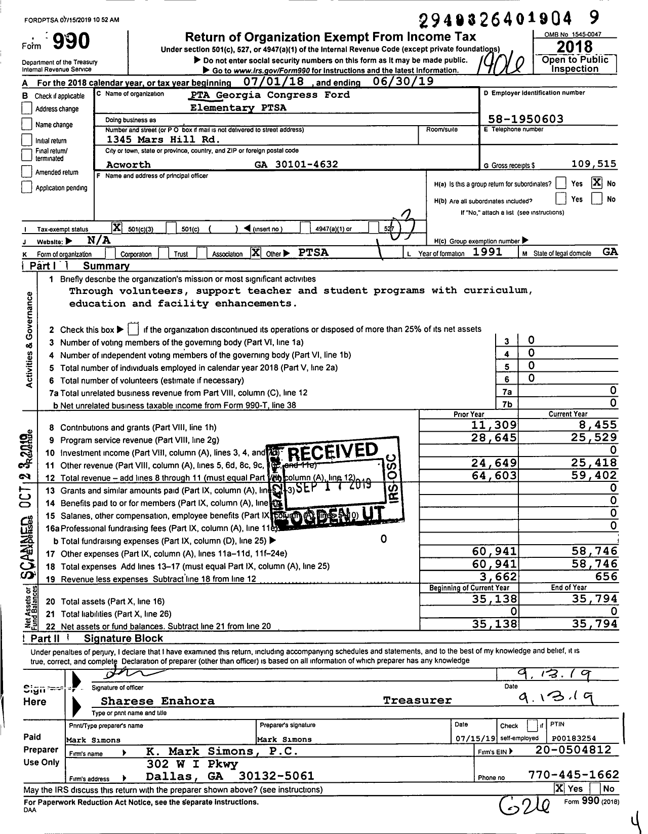 Image of first page of 2018 Form 990 for Georgia PTA - Ptag Ford Elementary Ptsa Georgia Congress