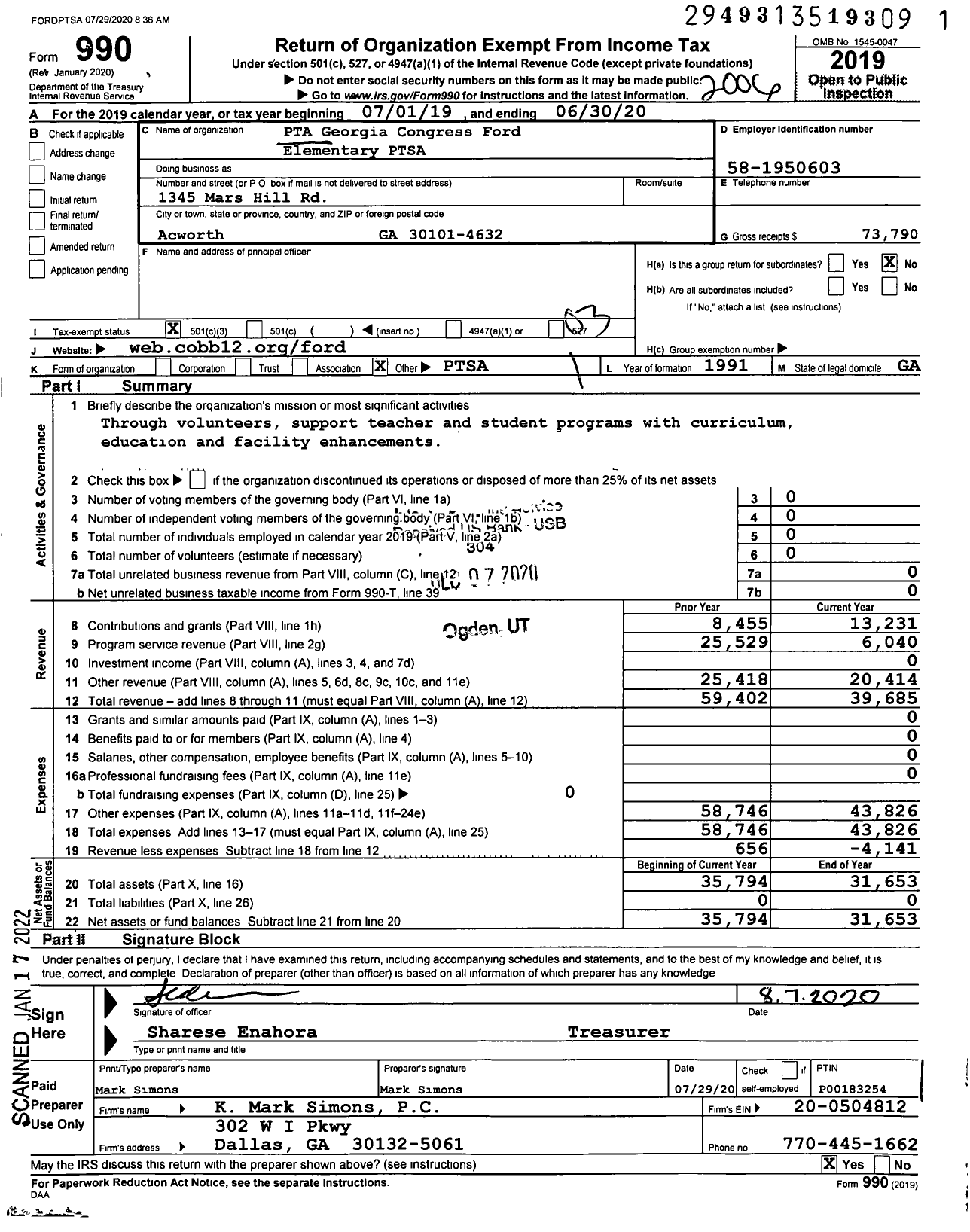 Image of first page of 2019 Form 990 for Georgia PTA - Ptag Ford Elementary Ptsa Georgia Congress