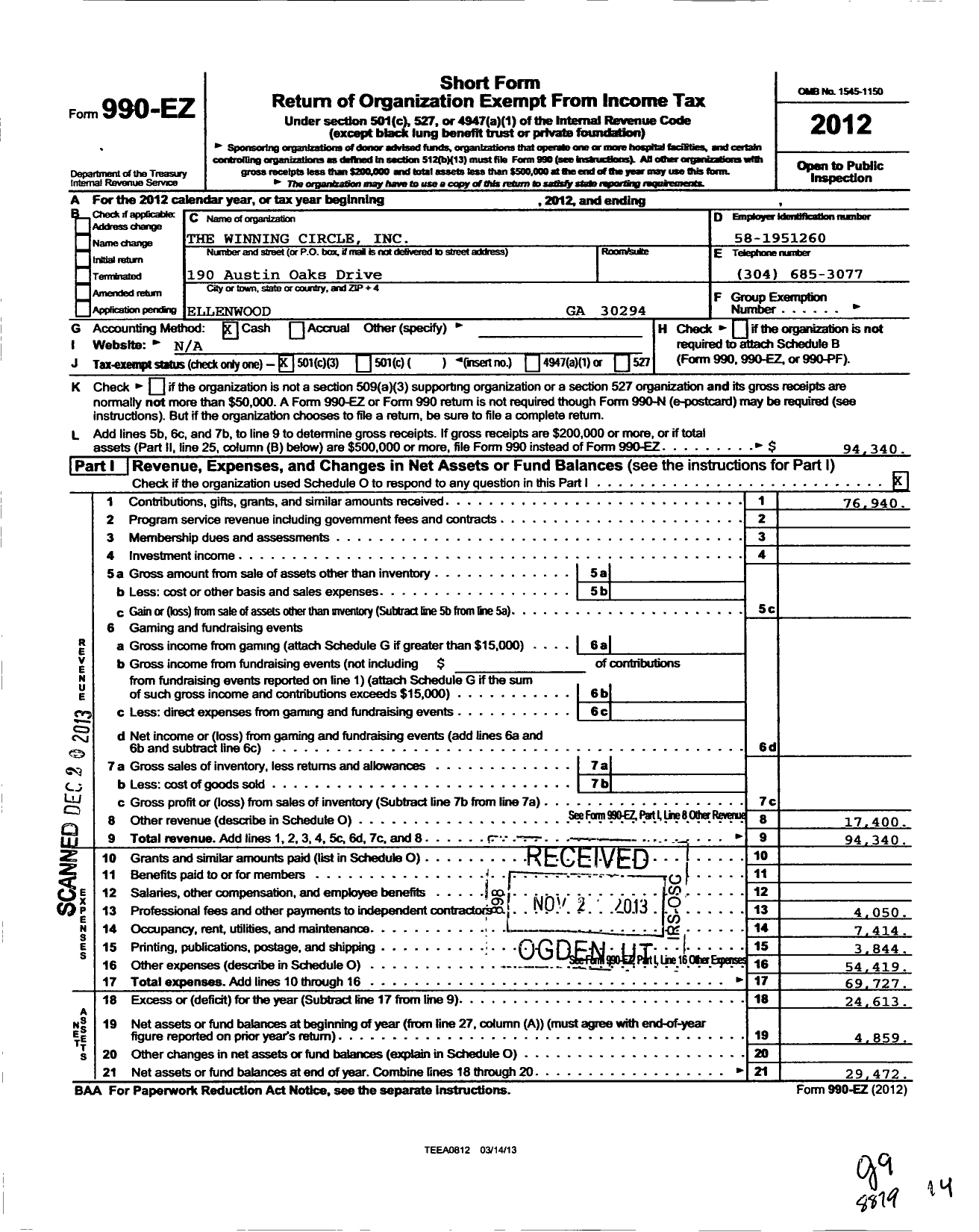 Image of first page of 2012 Form 990EZ for The Winning Circle