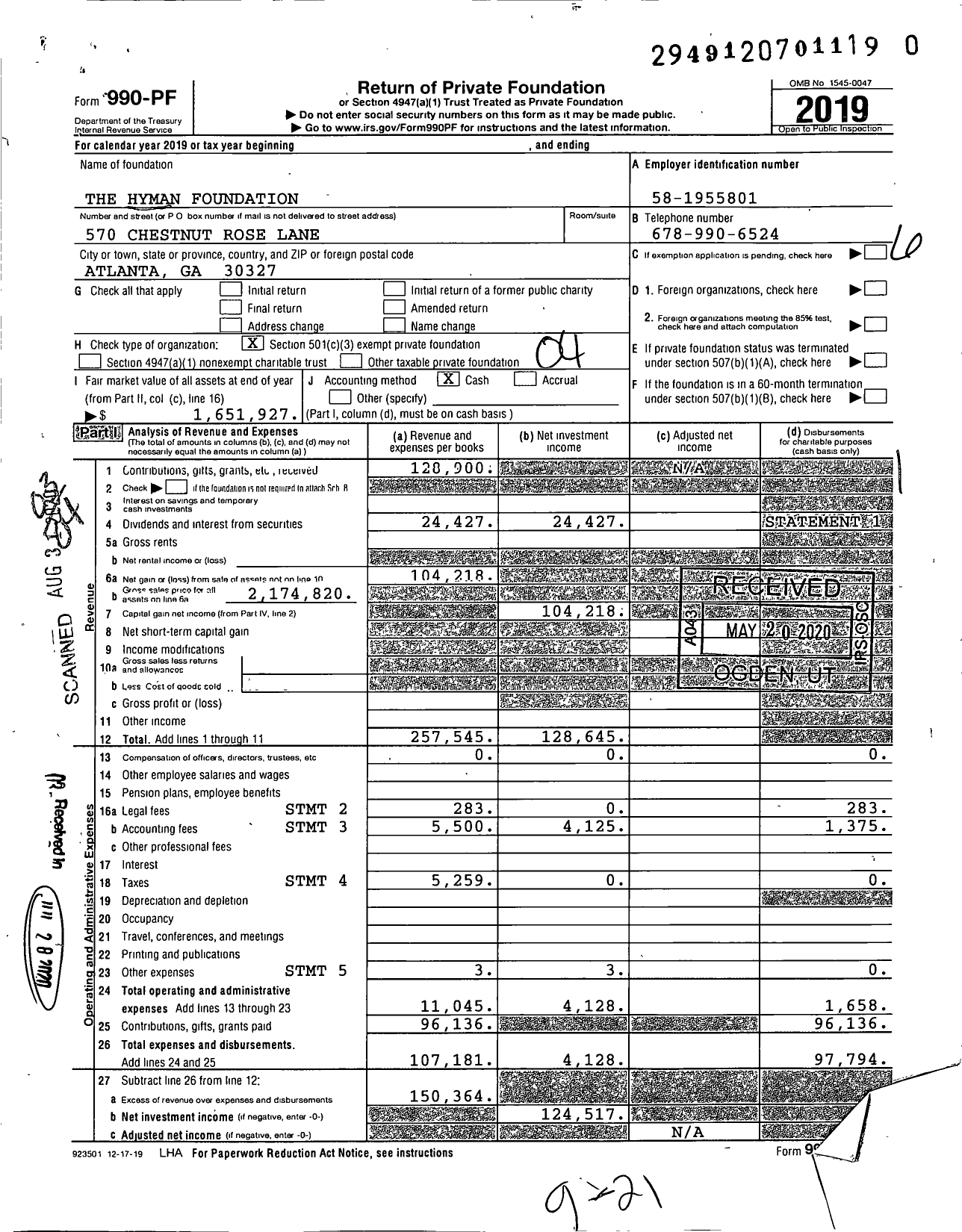 Image of first page of 2019 Form 990PR for The Hyman Foundation