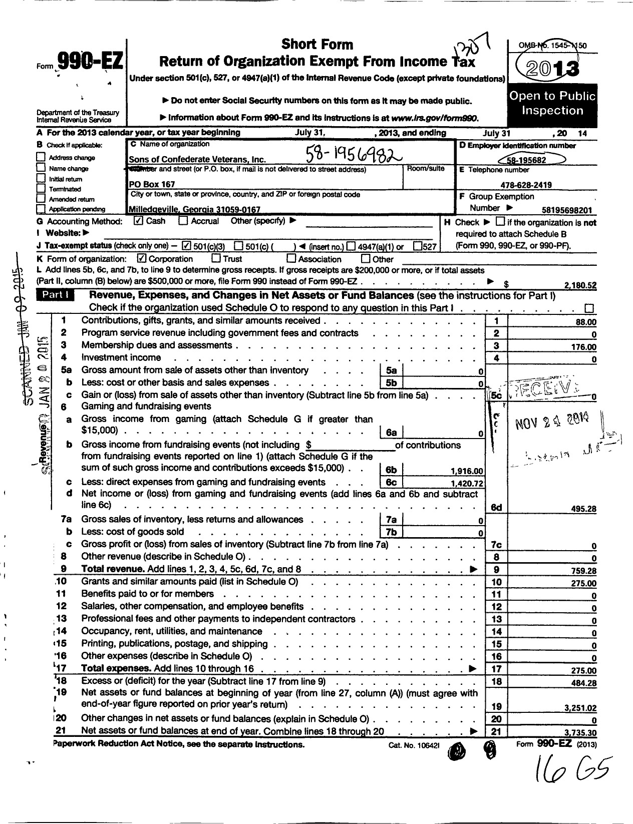 Image of first page of 2012 Form 990EZ for Sons of Confederate Veterans - 0688 Old Capitol Camp