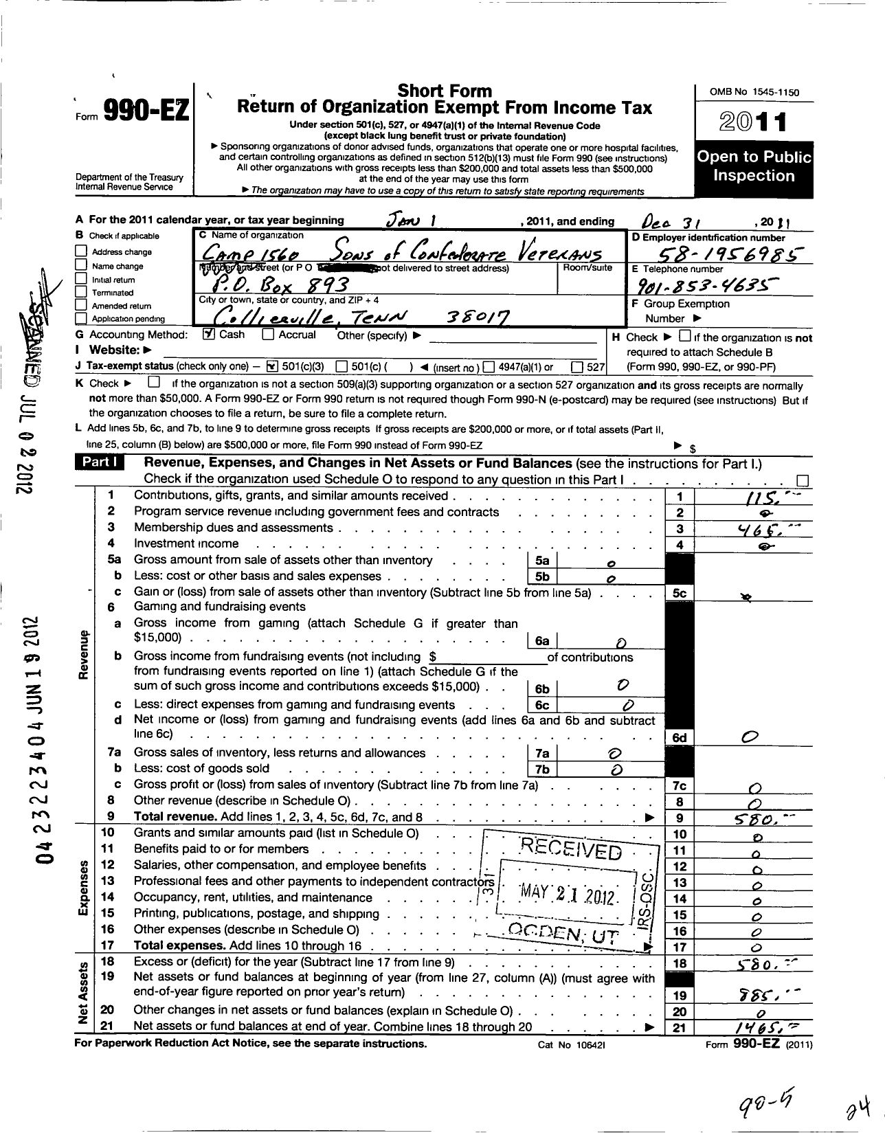 Image of first page of 2011 Form 990EZ for Sons of Confederate Veterans - 1560 Wigfall Greys Camp