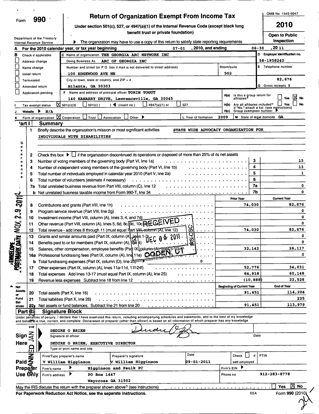 Image of first page of 2010 Form 990 for The Arc of Georgia Services Corporation