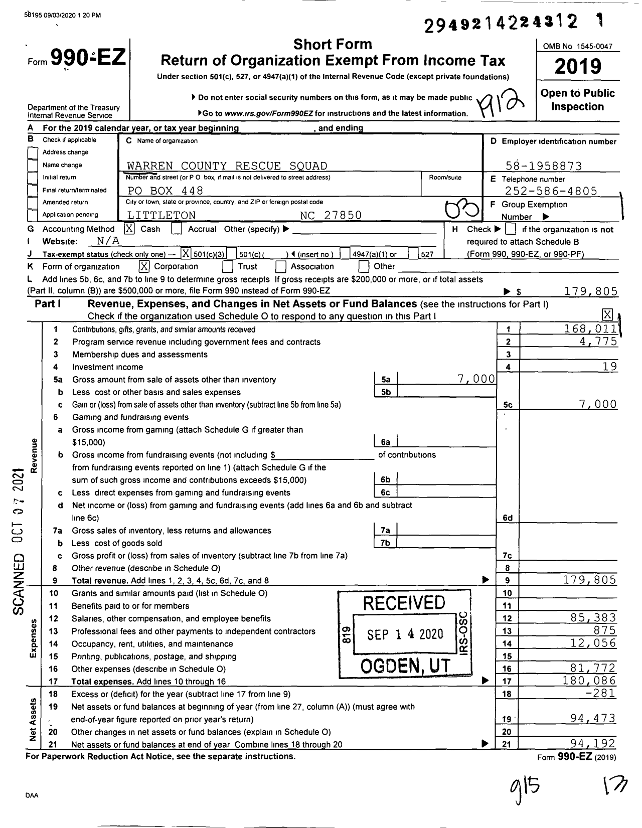 Image of first page of 2019 Form 990EZ for Warren County Rescue Squad