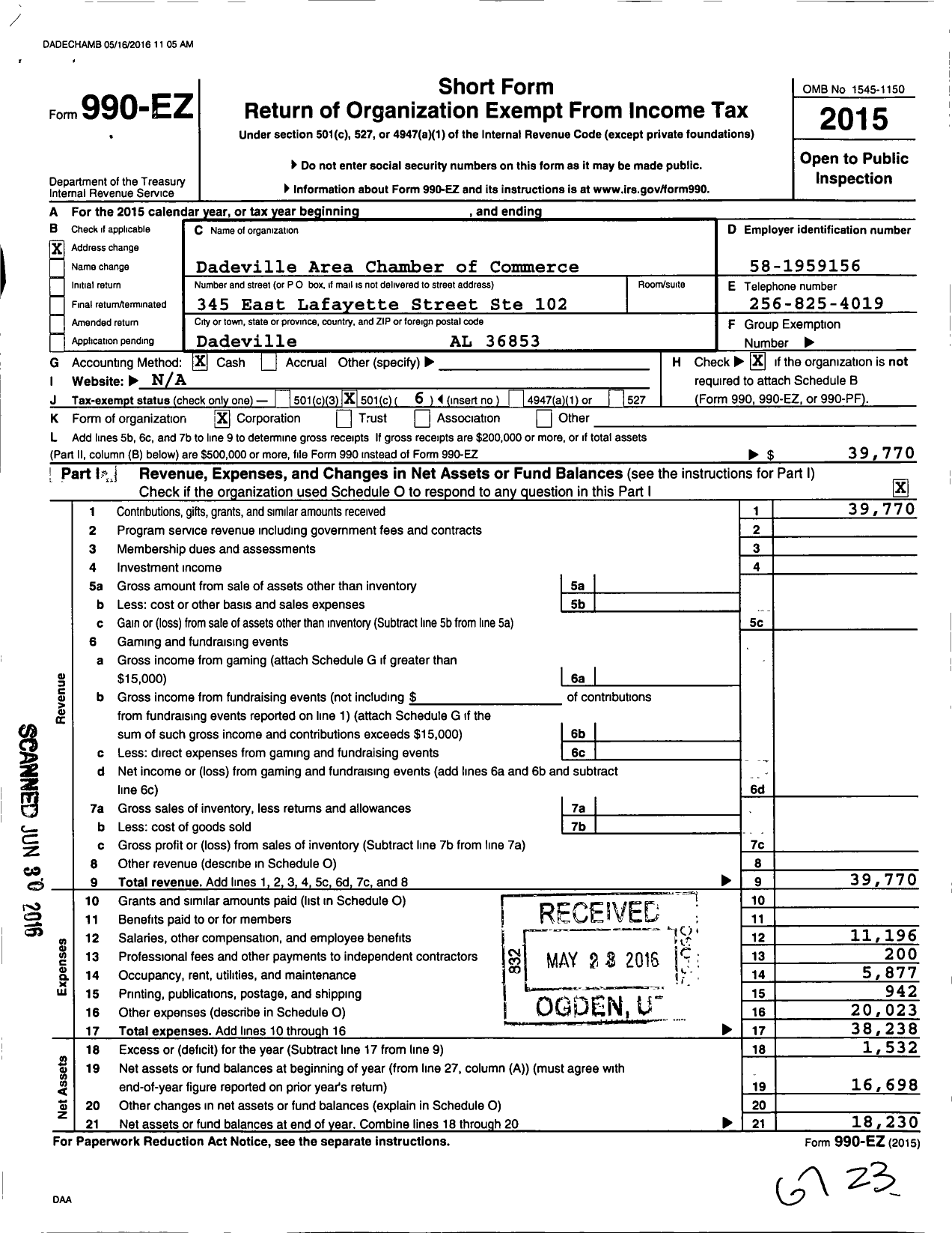 Image of first page of 2015 Form 990EO for Dadeville Area Chamber of Commerce