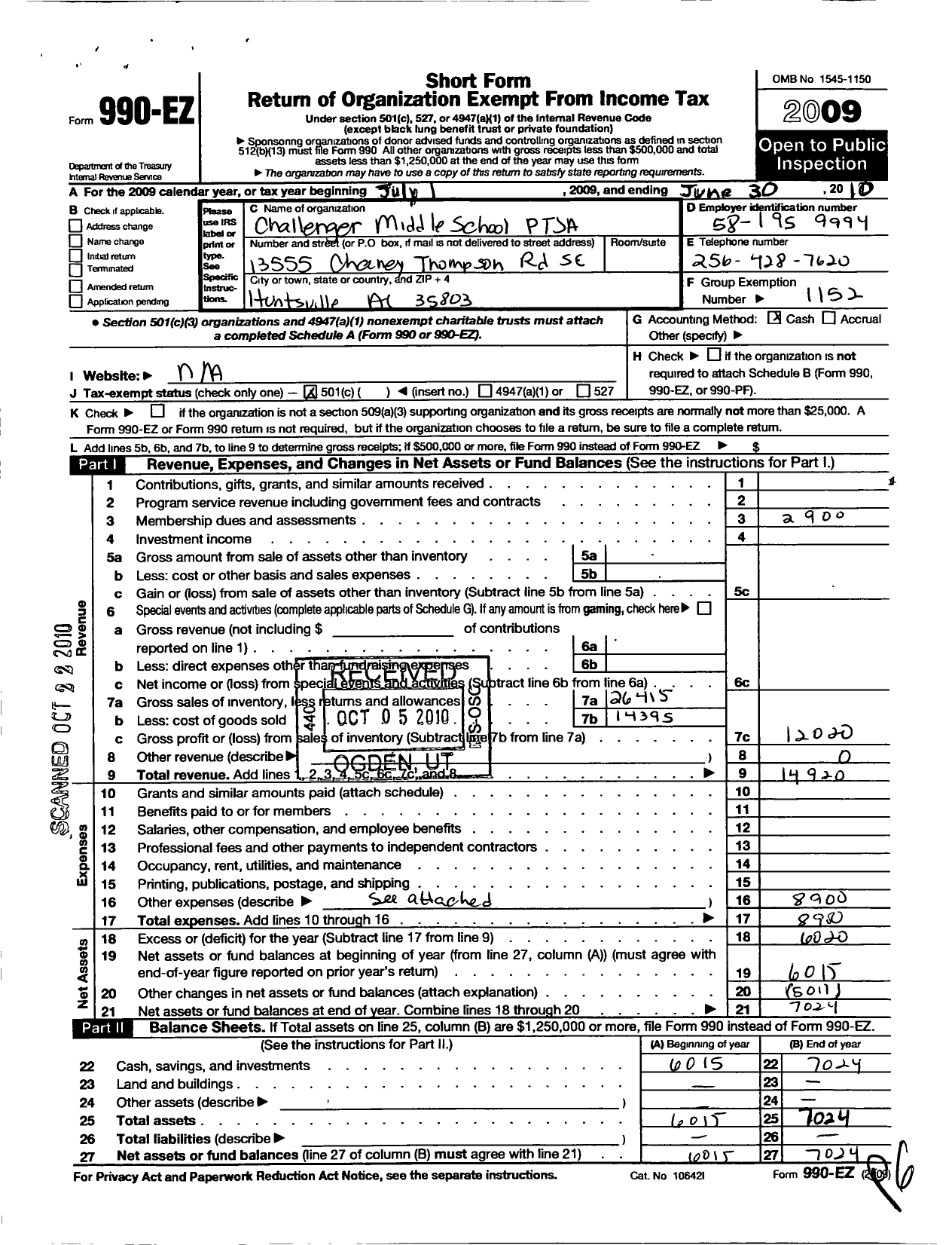 Image of first page of 2009 Form 990EO for PTA Alabama Congress / Challenger Middle School Ptsa