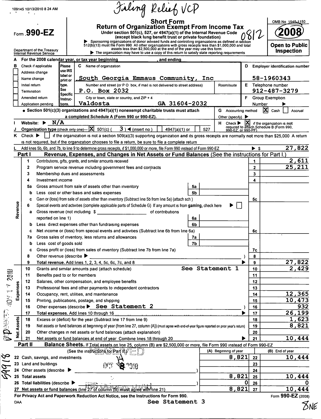 Image of first page of 2008 Form 990EZ for South Georgia Emmaus Community