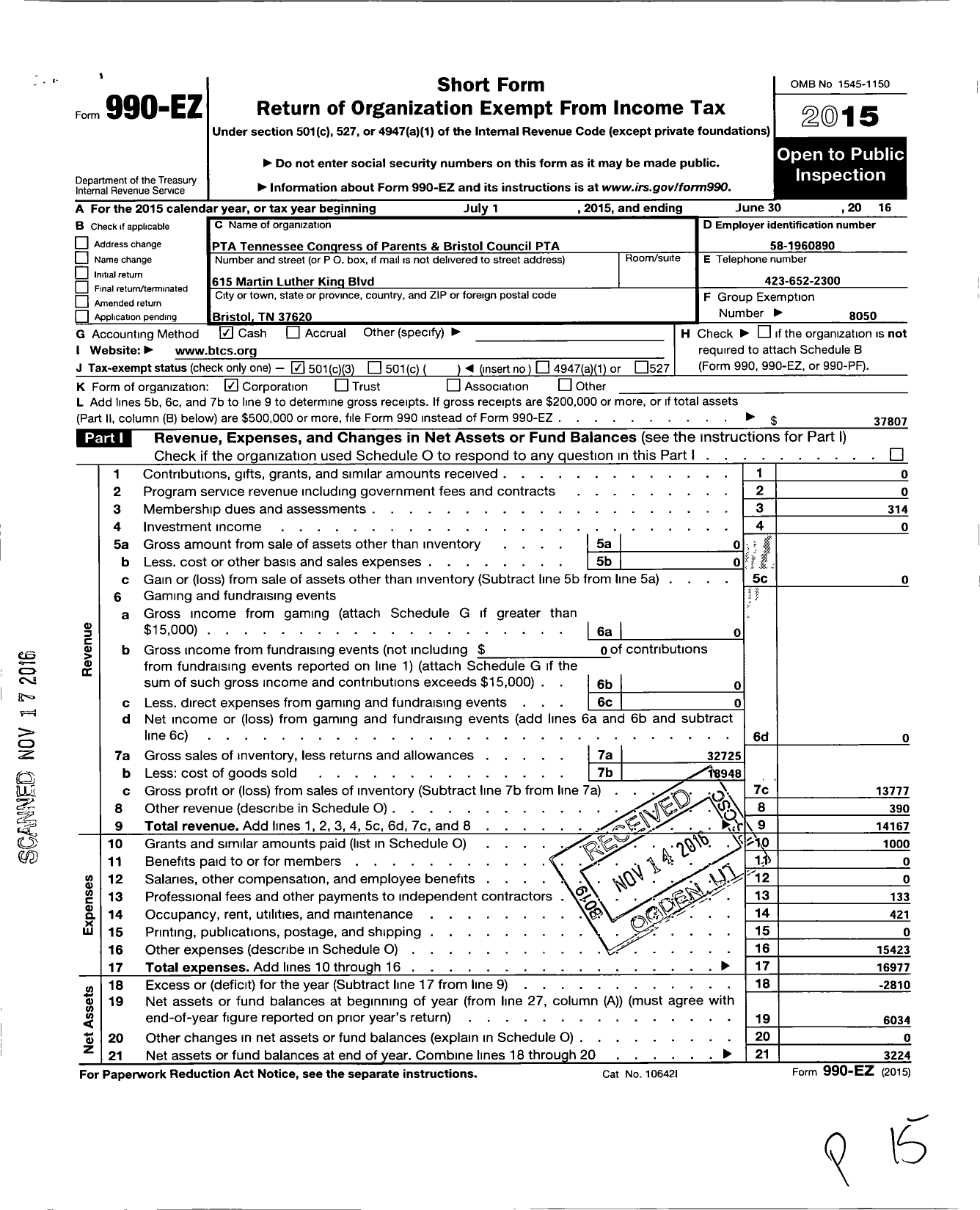 Image of first page of 2015 Form 990EZ for PTA tENNESSEE CONGRESS OF PARENTS AND Teachers / Bristol Council PTA