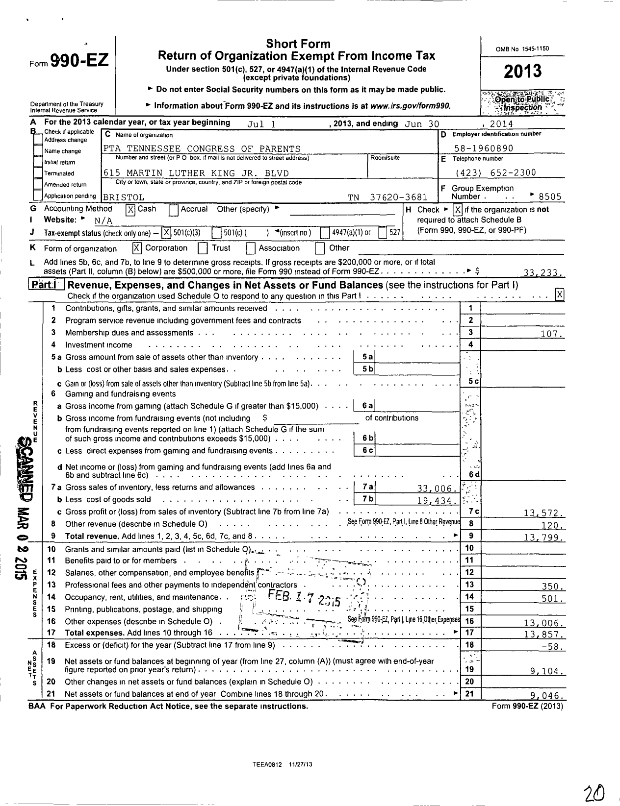 Image of first page of 2013 Form 990EZ for PTA tENNESSEE CONGRESS OF PARENTS AND Teachers / Bristol Council PTA