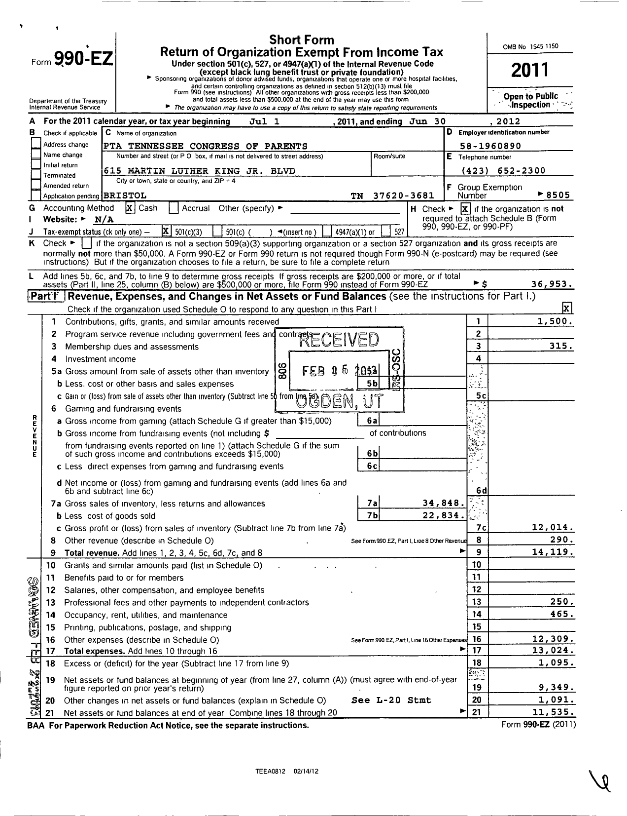 Image of first page of 2011 Form 990EZ for PTA tENNESSEE CONGRESS OF PARENTS AND Teachers / Bristol Council PTA
