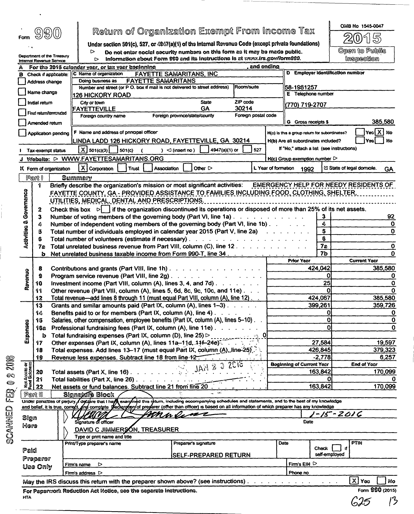 Image of first page of 2015 Form 990 for Fayette Samaritans