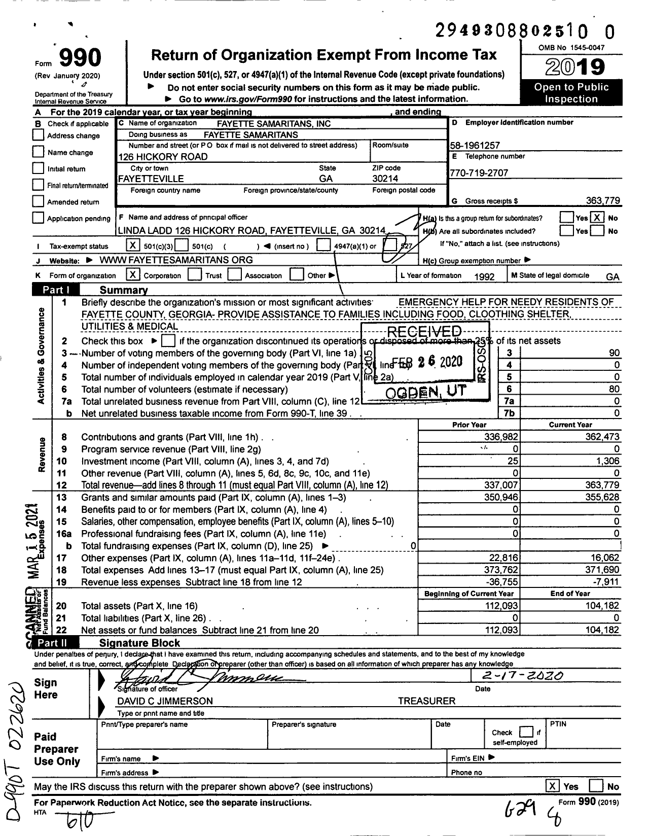 Image of first page of 2019 Form 990 for Fayette Samaritans