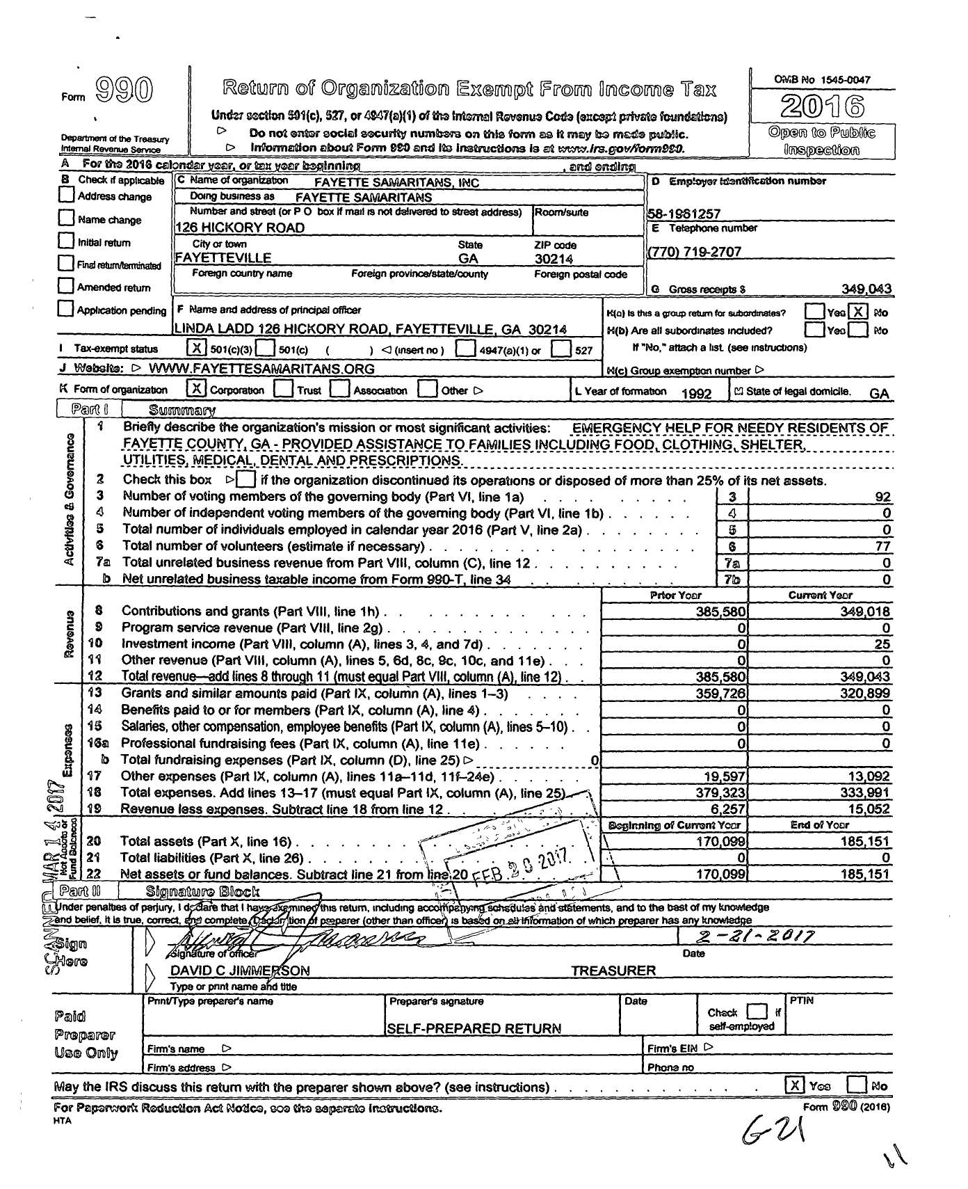 Image of first page of 2016 Form 990 for Fayette Samaritans