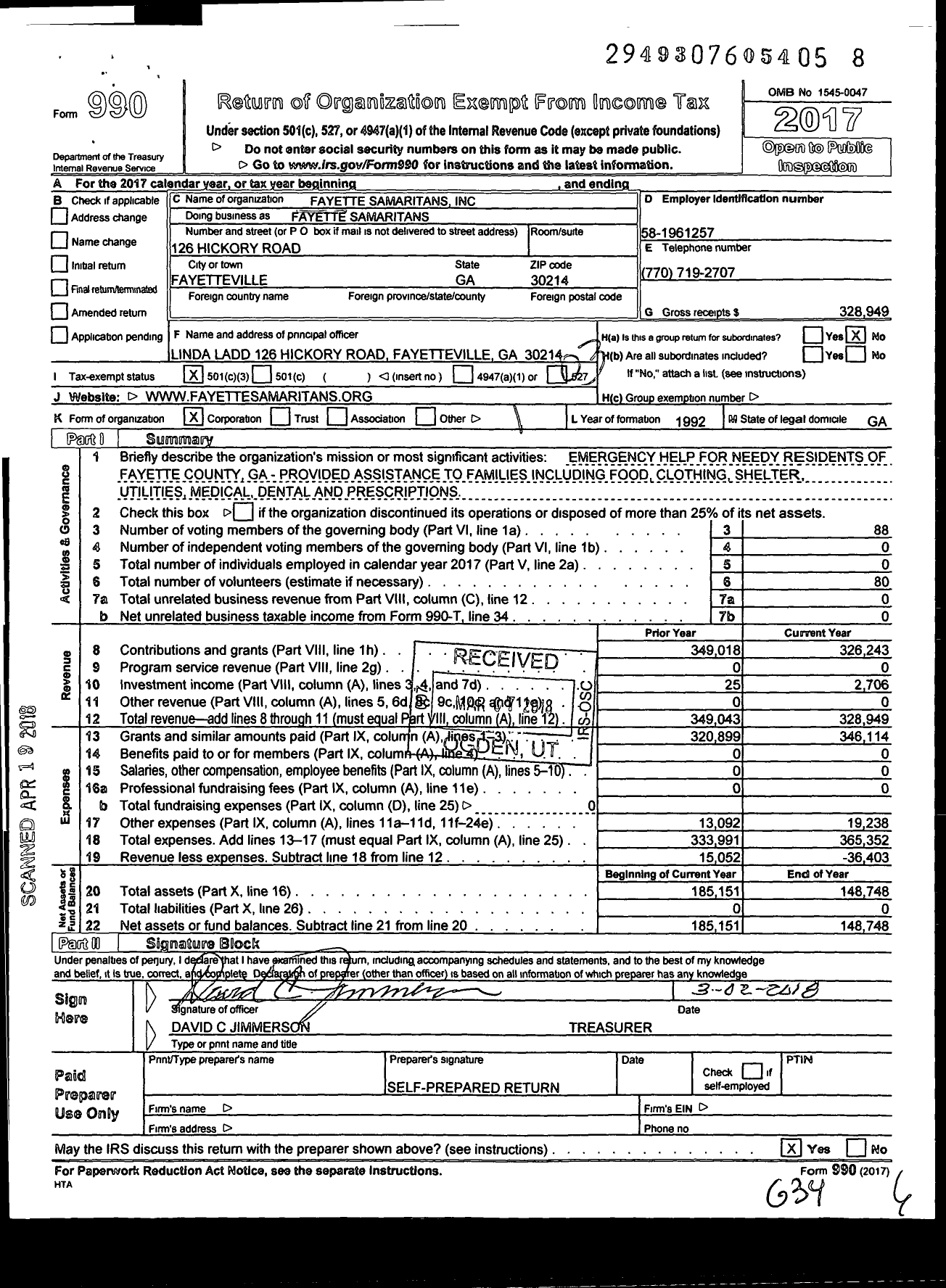 Image of first page of 2017 Form 990 for Fayette Samaritans