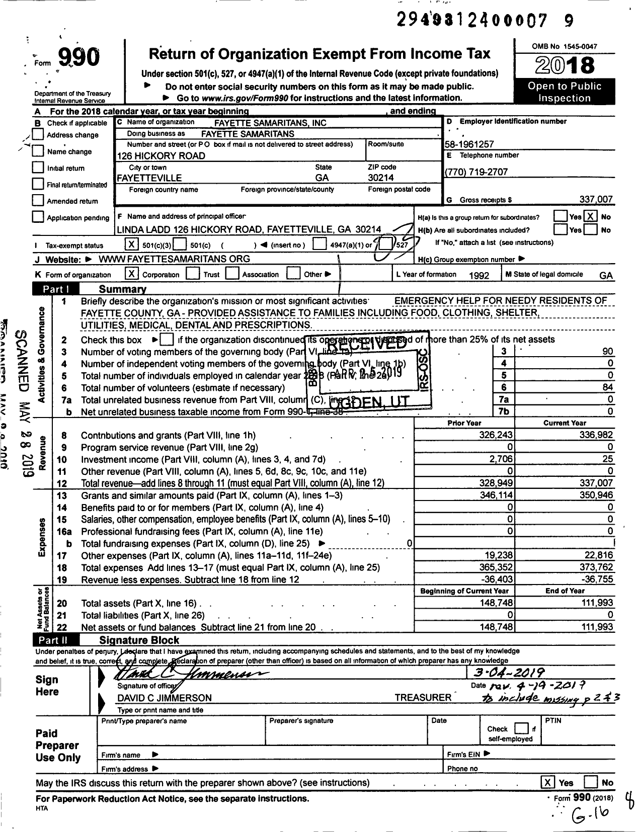 Image of first page of 2018 Form 990 for Fayette Samaritans