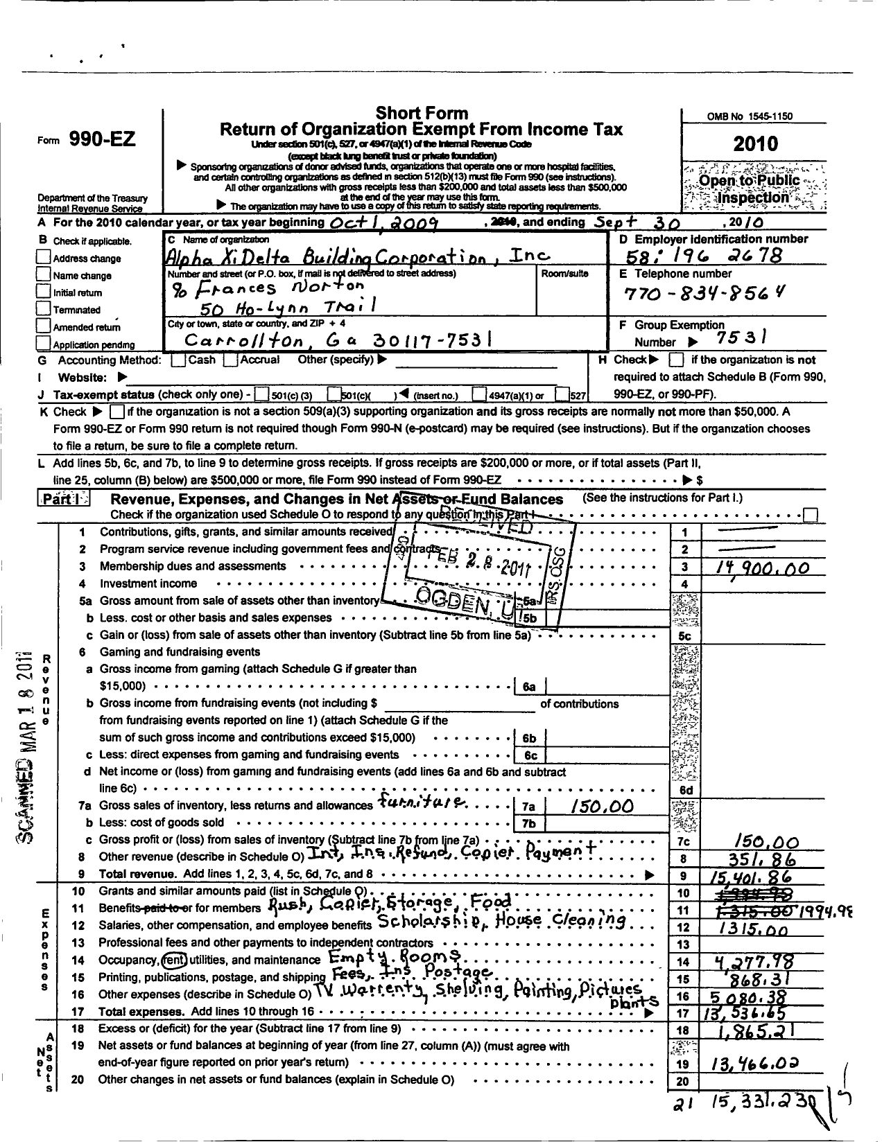 Image of first page of 2009 Form 990EO for Alpha Xi Delta Building Corporation of Carrollton Georgia