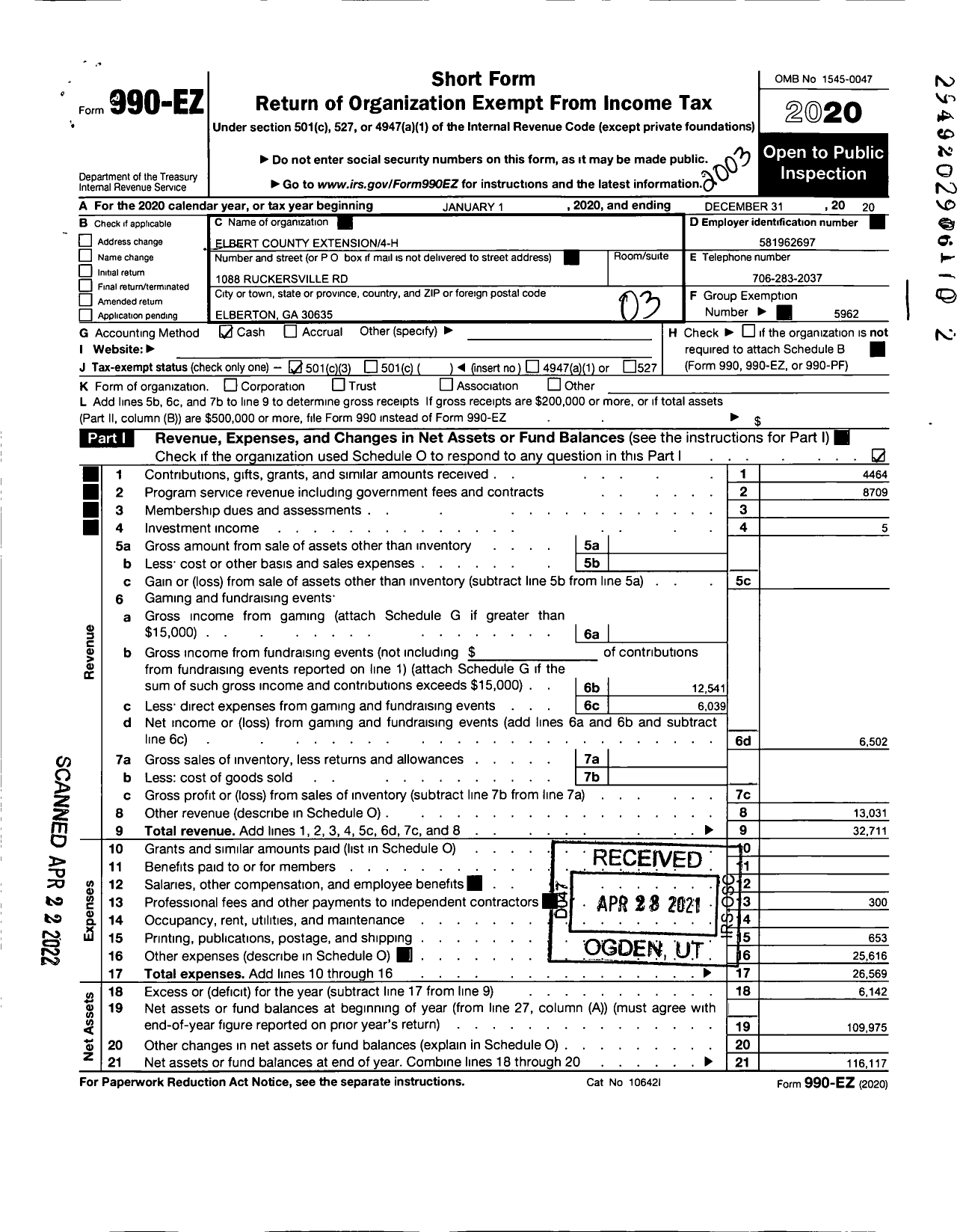 Image of first page of 2019 Form 990EZ for Elbert County Extension 4H