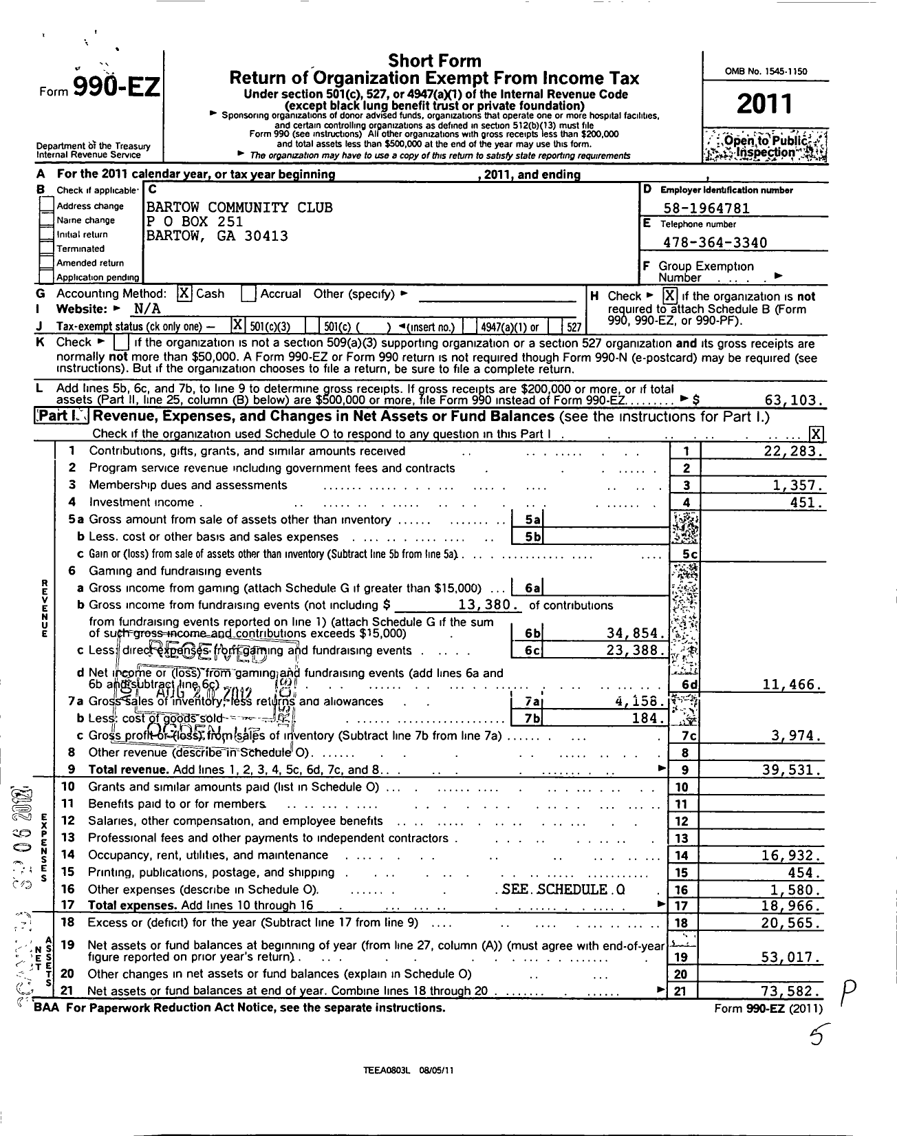 Image of first page of 2011 Form 990EZ for Bartow Community Club