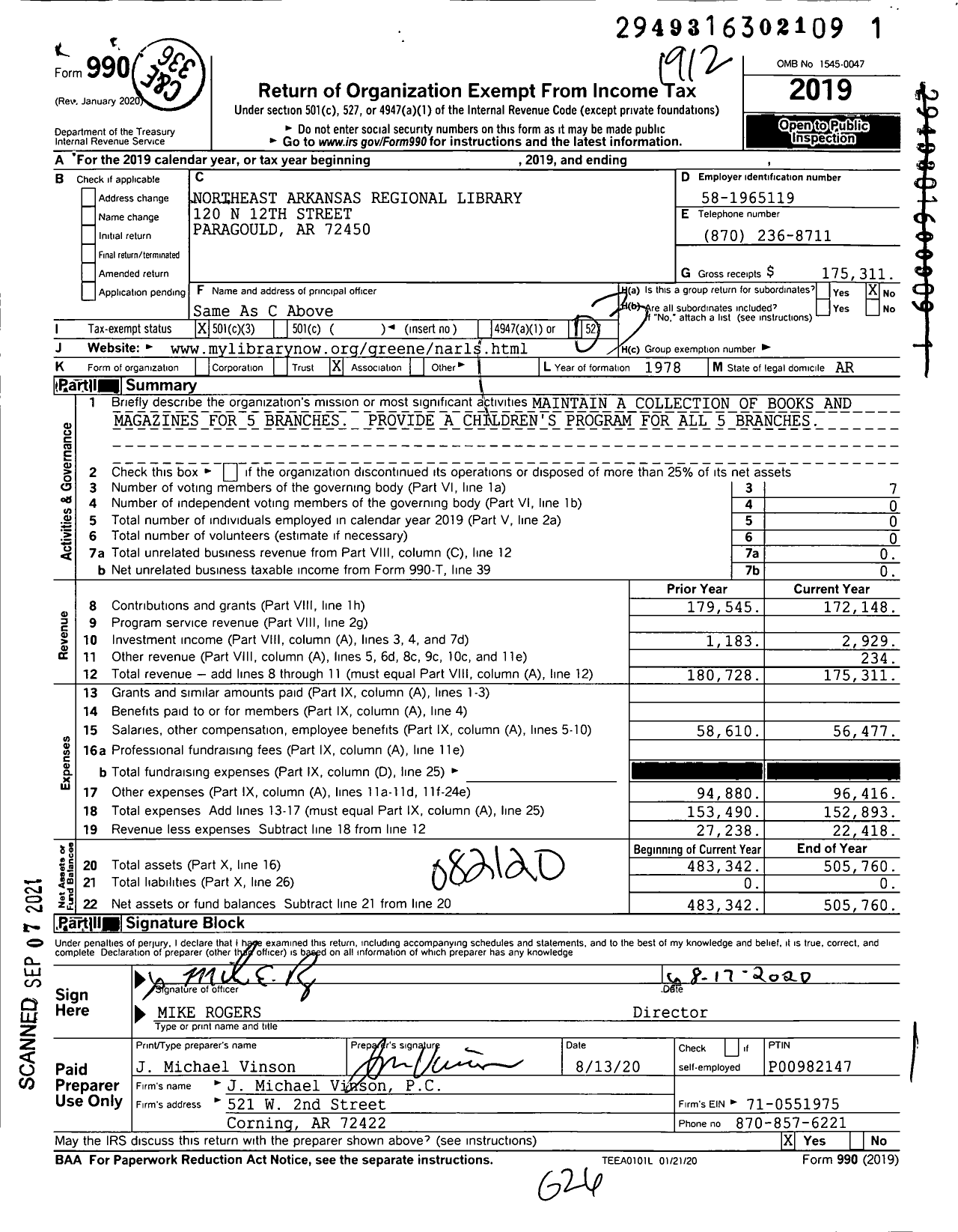 Image of first page of 2019 Form 990 for Northeast Arkansas Regional Library