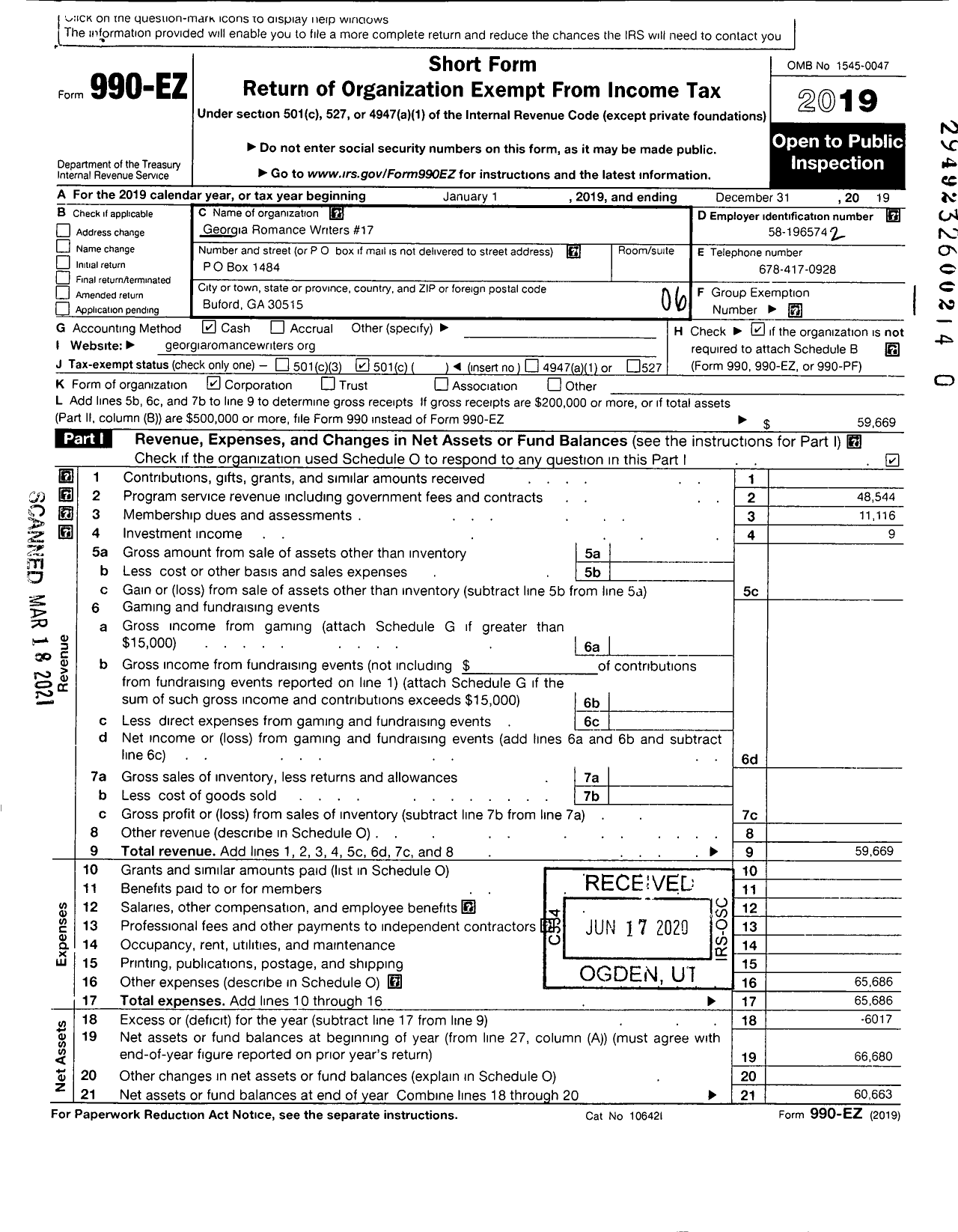 Image of first page of 2019 Form 990EO for Georgia Romance Writers