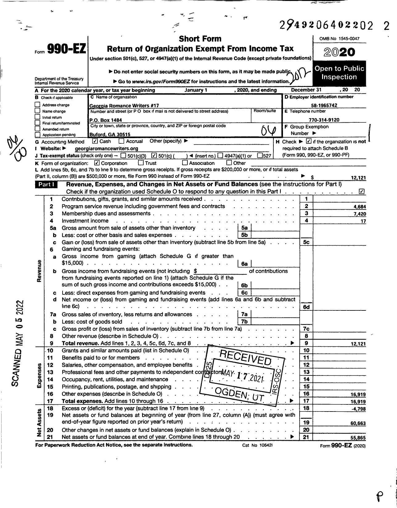 Image of first page of 2020 Form 990EO for Georgia Romance Writers