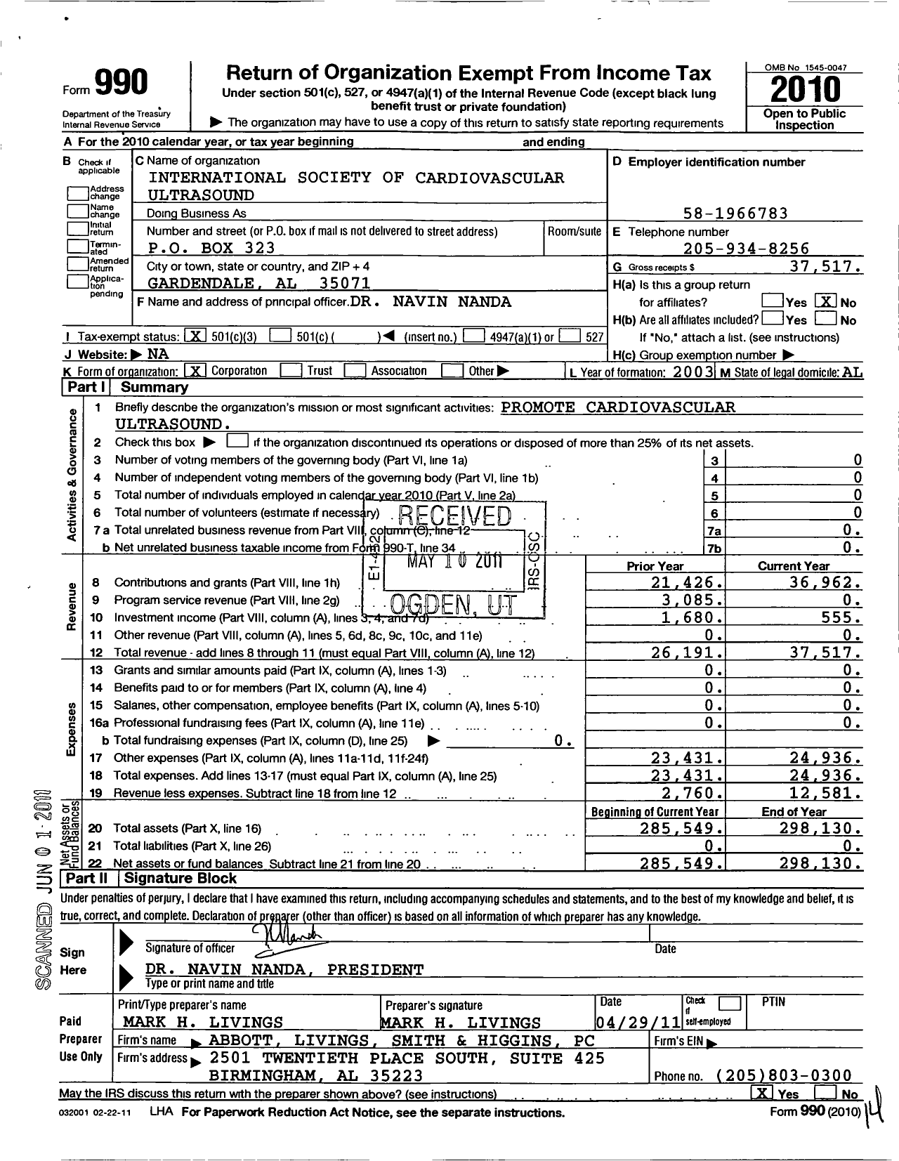 Image of first page of 2010 Form 990 for International Society of Cardiovascular Ultrasound