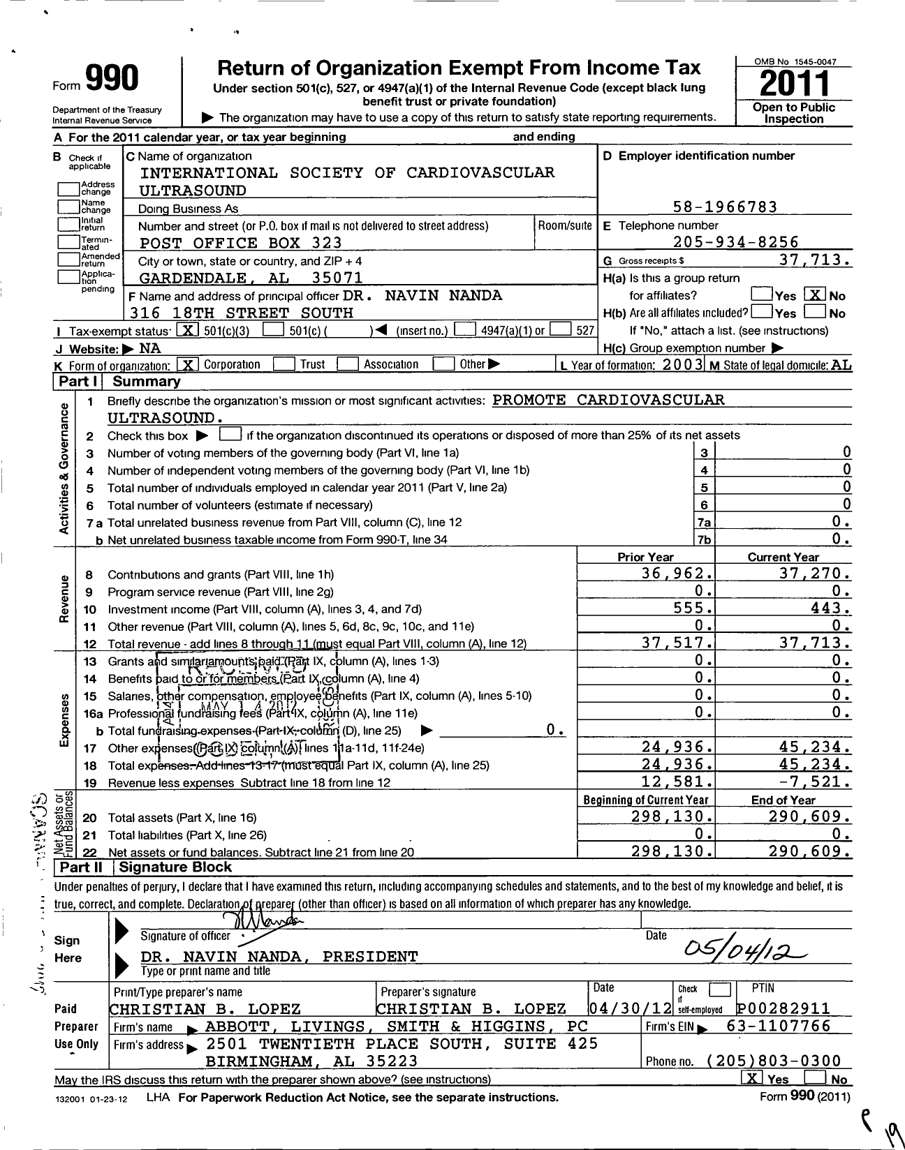 Image of first page of 2011 Form 990 for International Society of Cardiovascular Ultrasound