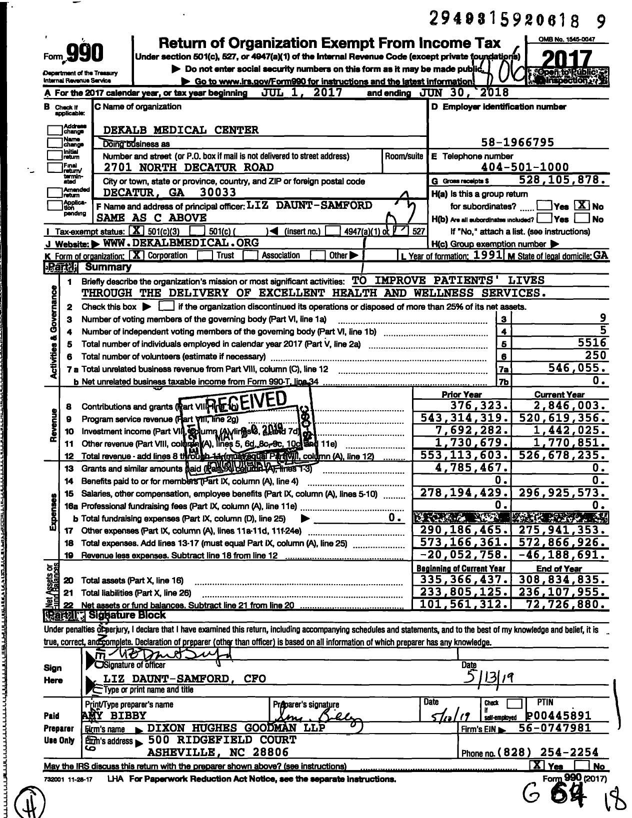 Image of first page of 2017 Form 990 for Dekalb Medical Center