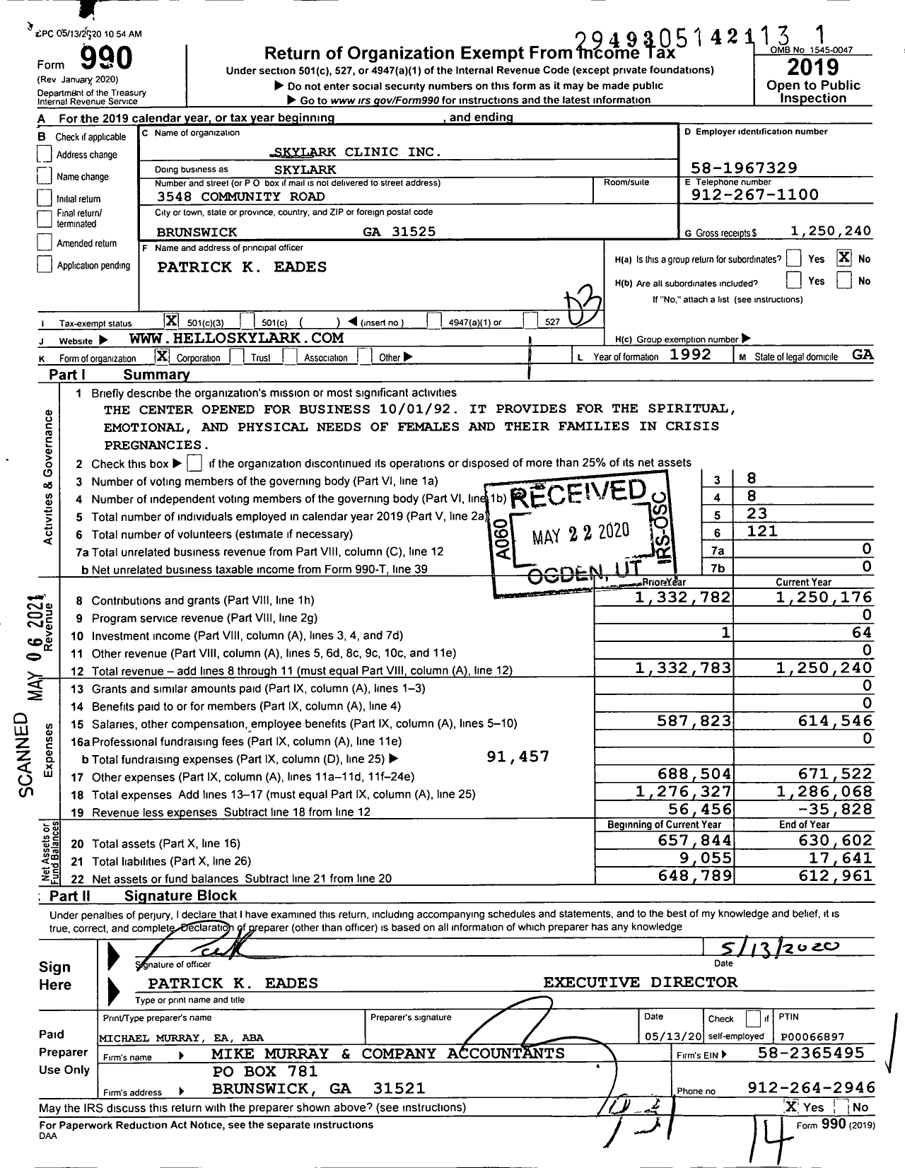 Image of first page of 2019 Form 990 for Skylark Clinic Skylark