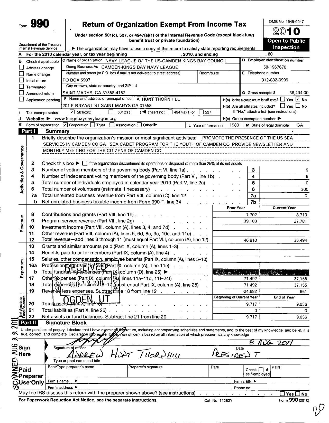 Image of first page of 2010 Form 990 for Navy League of the United States / Camden-Kings Bay Navy League