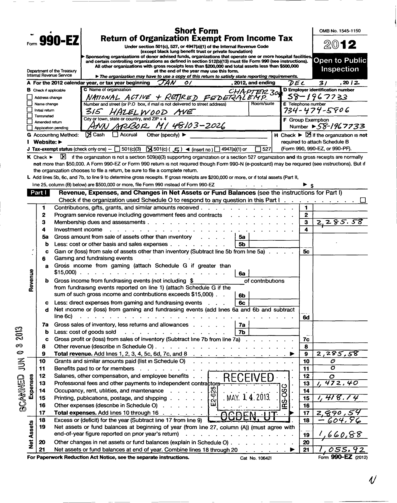 Image of first page of 2012 Form 990EO for National Active and Retired Federal Employees Association - 304