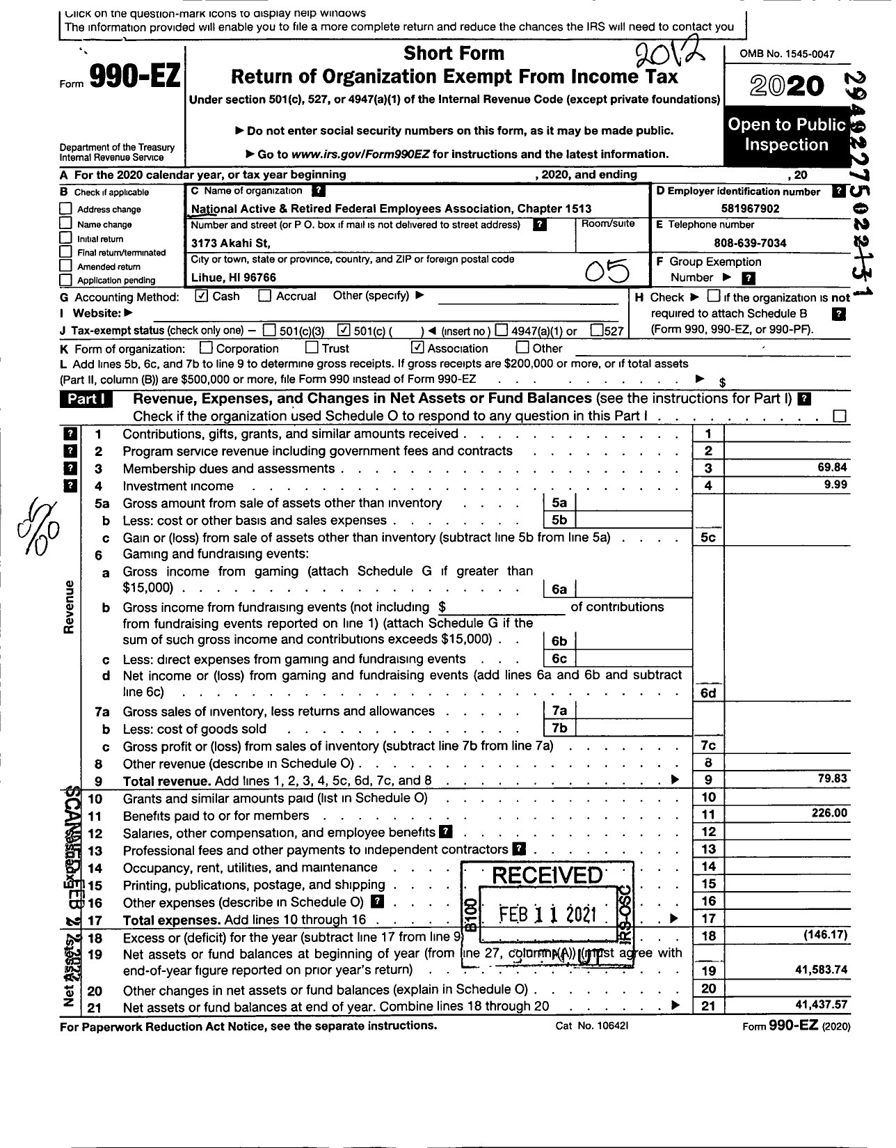 Image of first page of 2020 Form 990EO for National Active and Retired Federal Employees Association - 1513