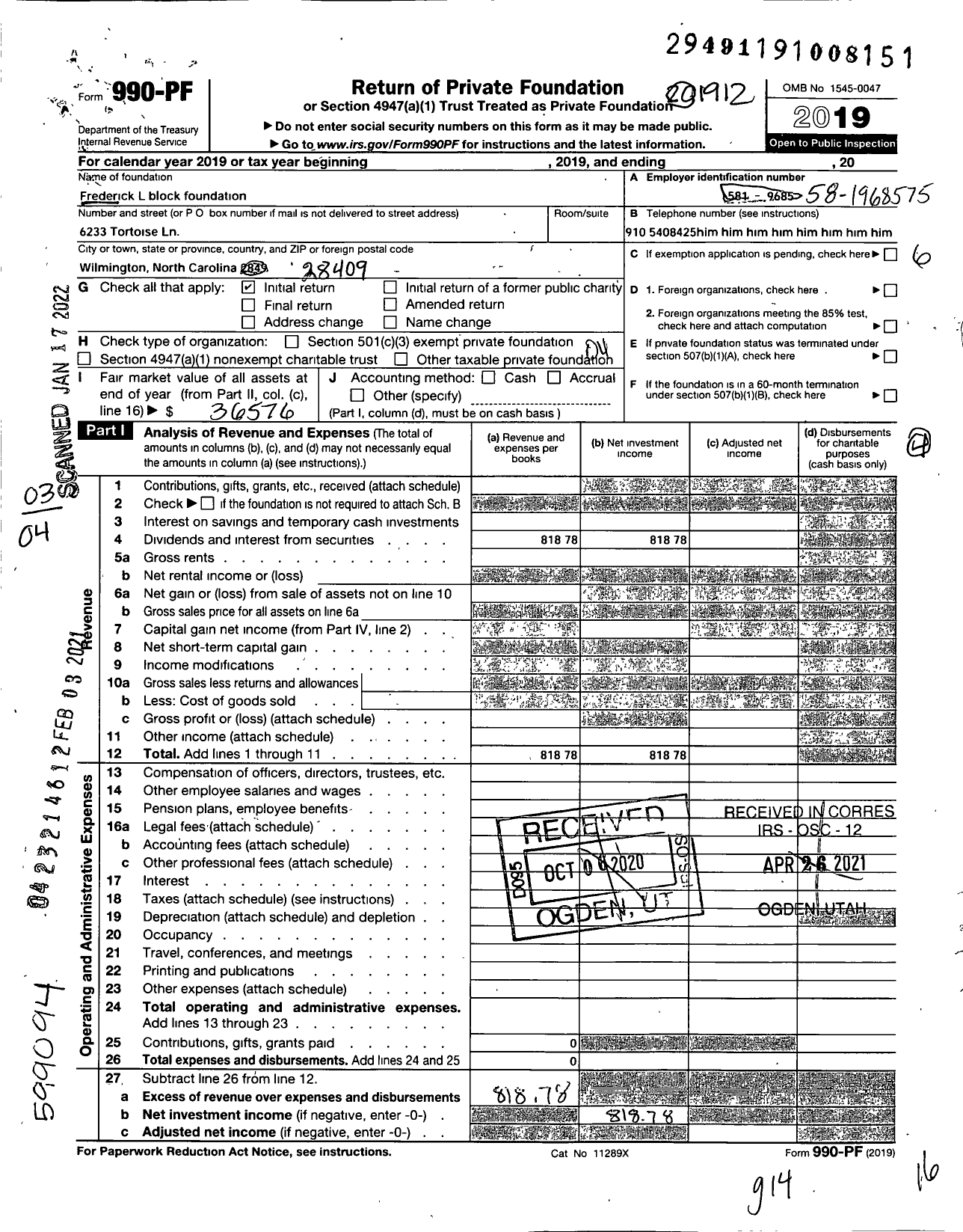 Image of first page of 2019 Form 990PF for Frederick L Block Foundation