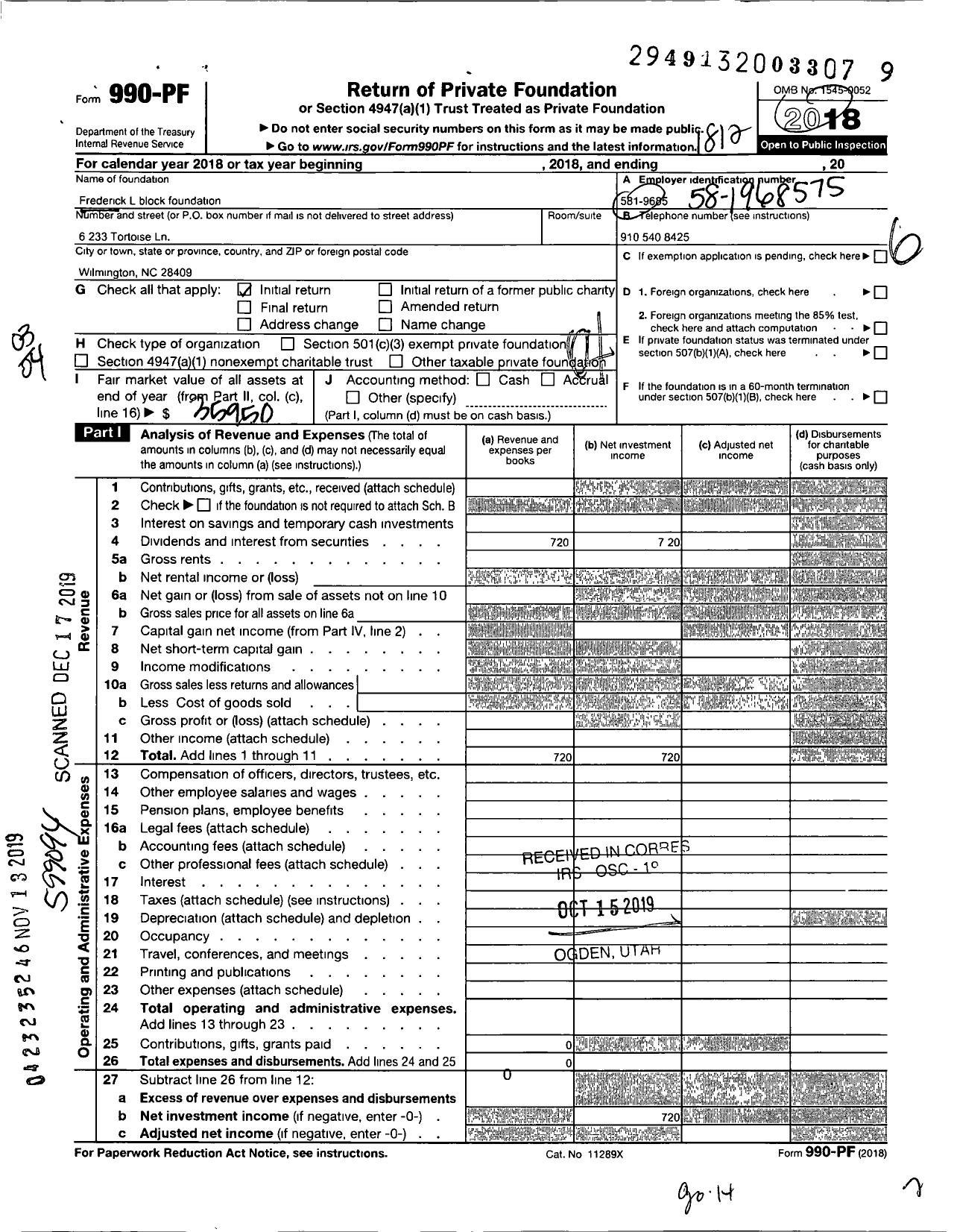 Image of first page of 2018 Form 990PF for Frederick L Block Foundation