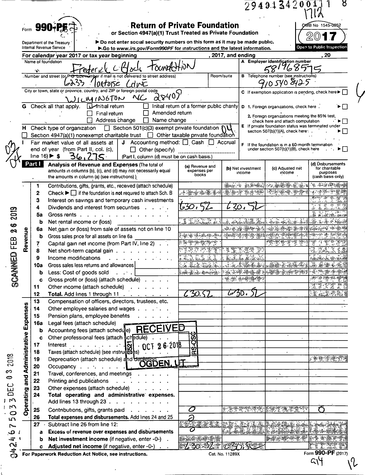 Image of first page of 2017 Form 990PF for Frederick L Block Foundation