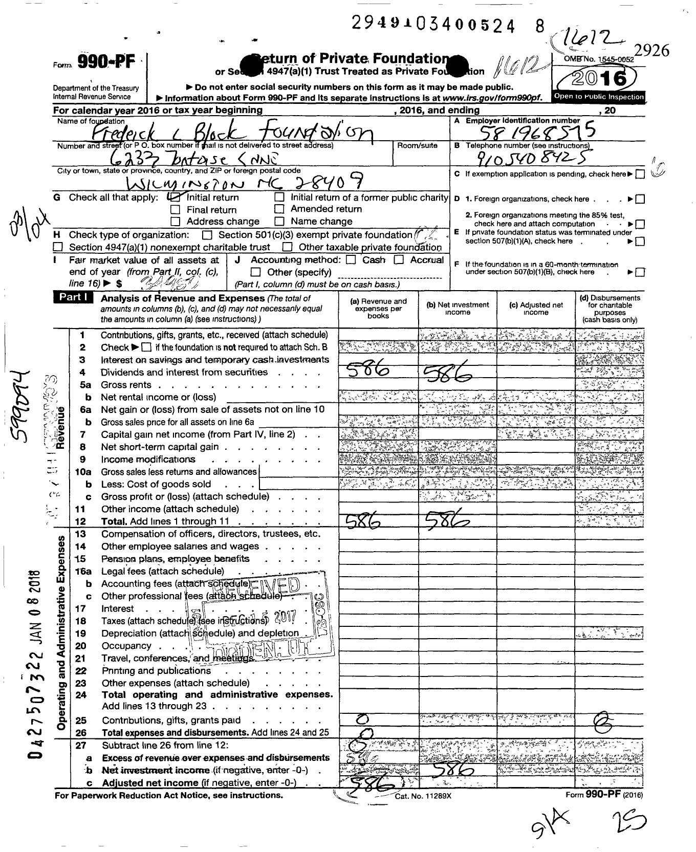 Image of first page of 2016 Form 990PF for Frederick L Block Foundation