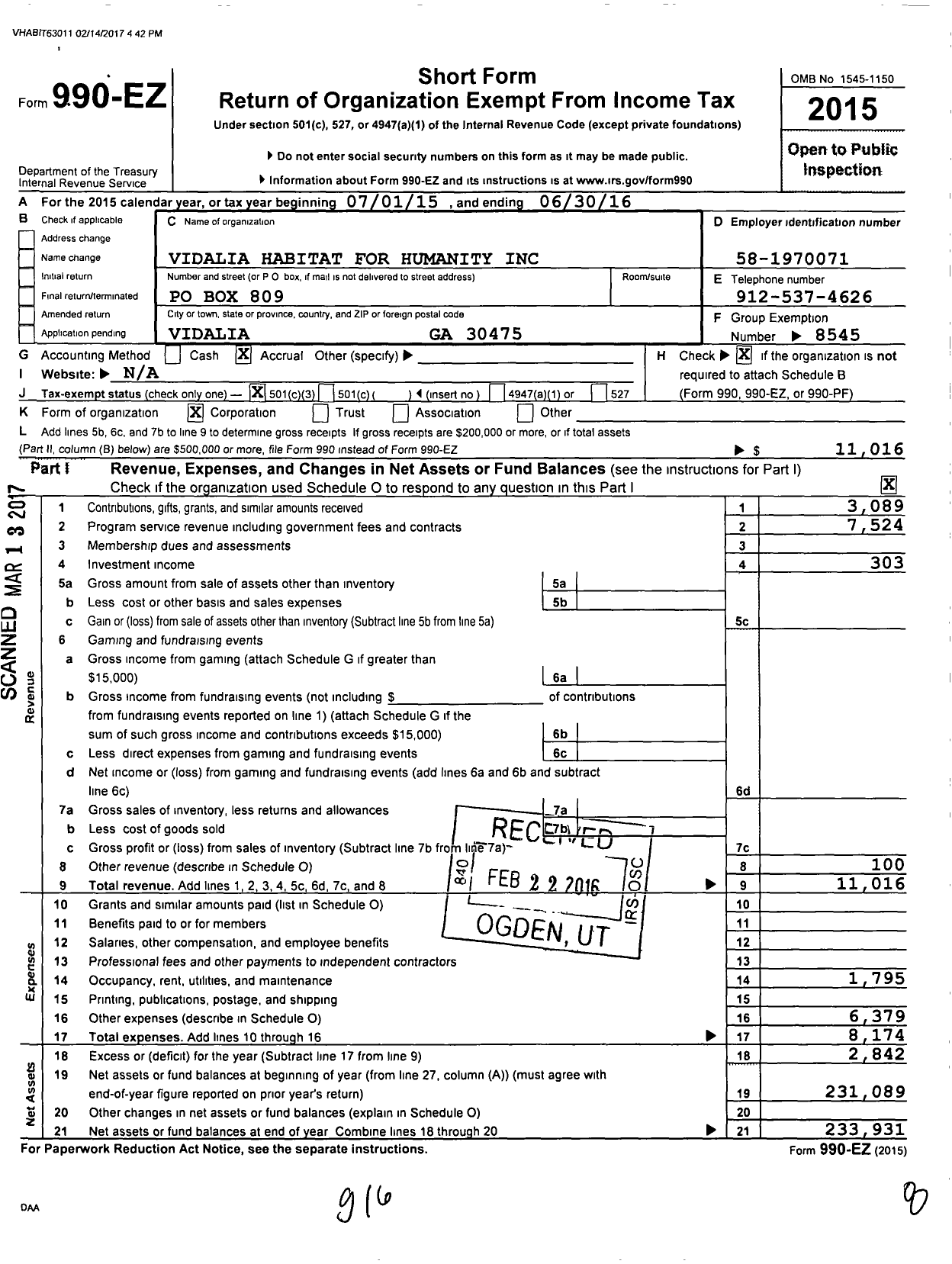 Image of first page of 2015 Form 990EZ for Vidalia Habitat for Humanity