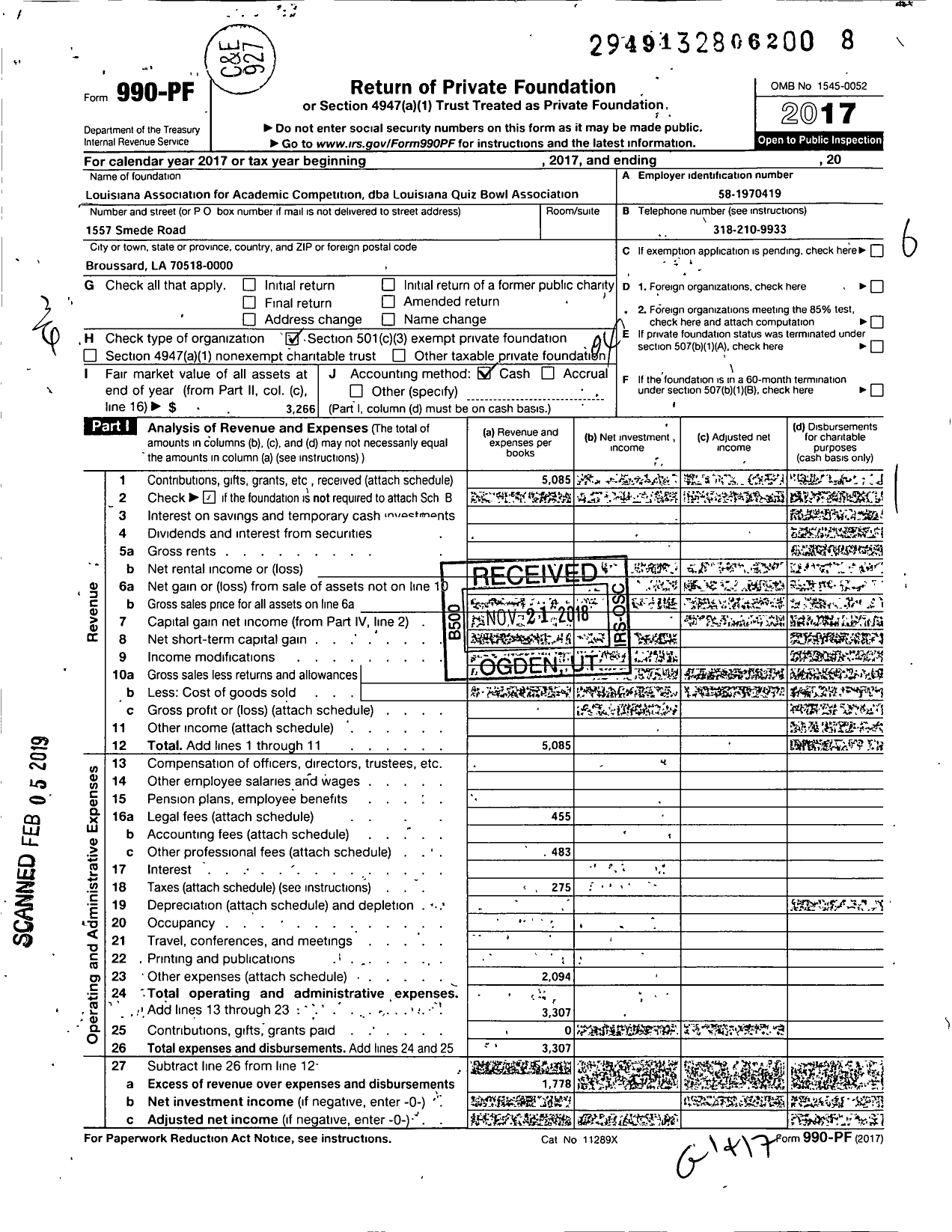 Image of first page of 2017 Form 990PF for Louisiana Association of Academic Competition