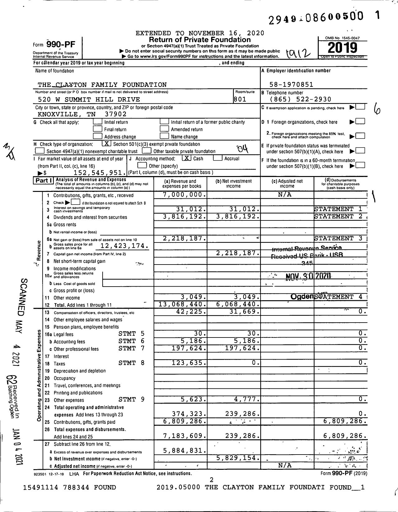 Image of first page of 2019 Form 990PF for The Clayton Family Foundation