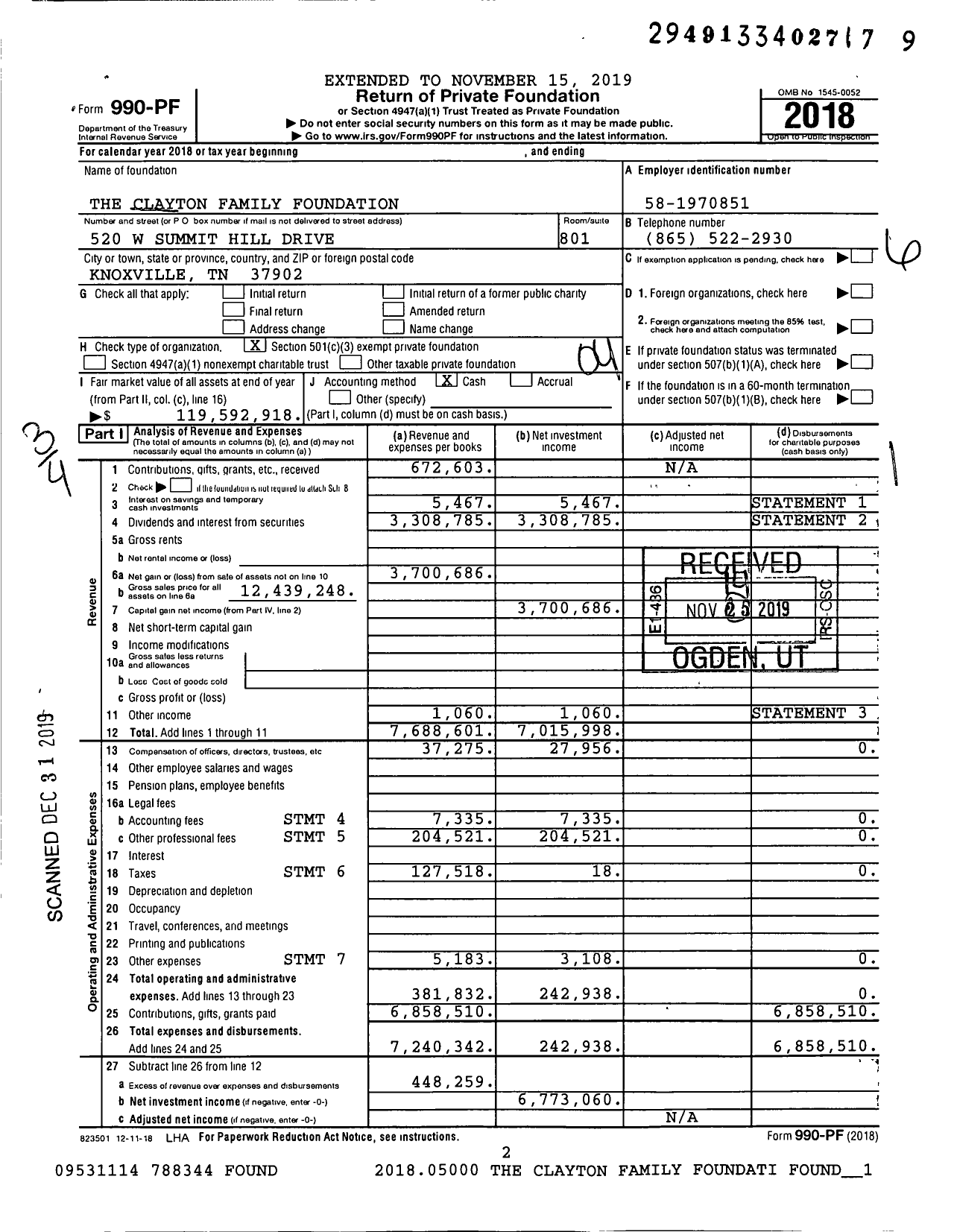 Image of first page of 2018 Form 990PF for The Clayton Family Foundation