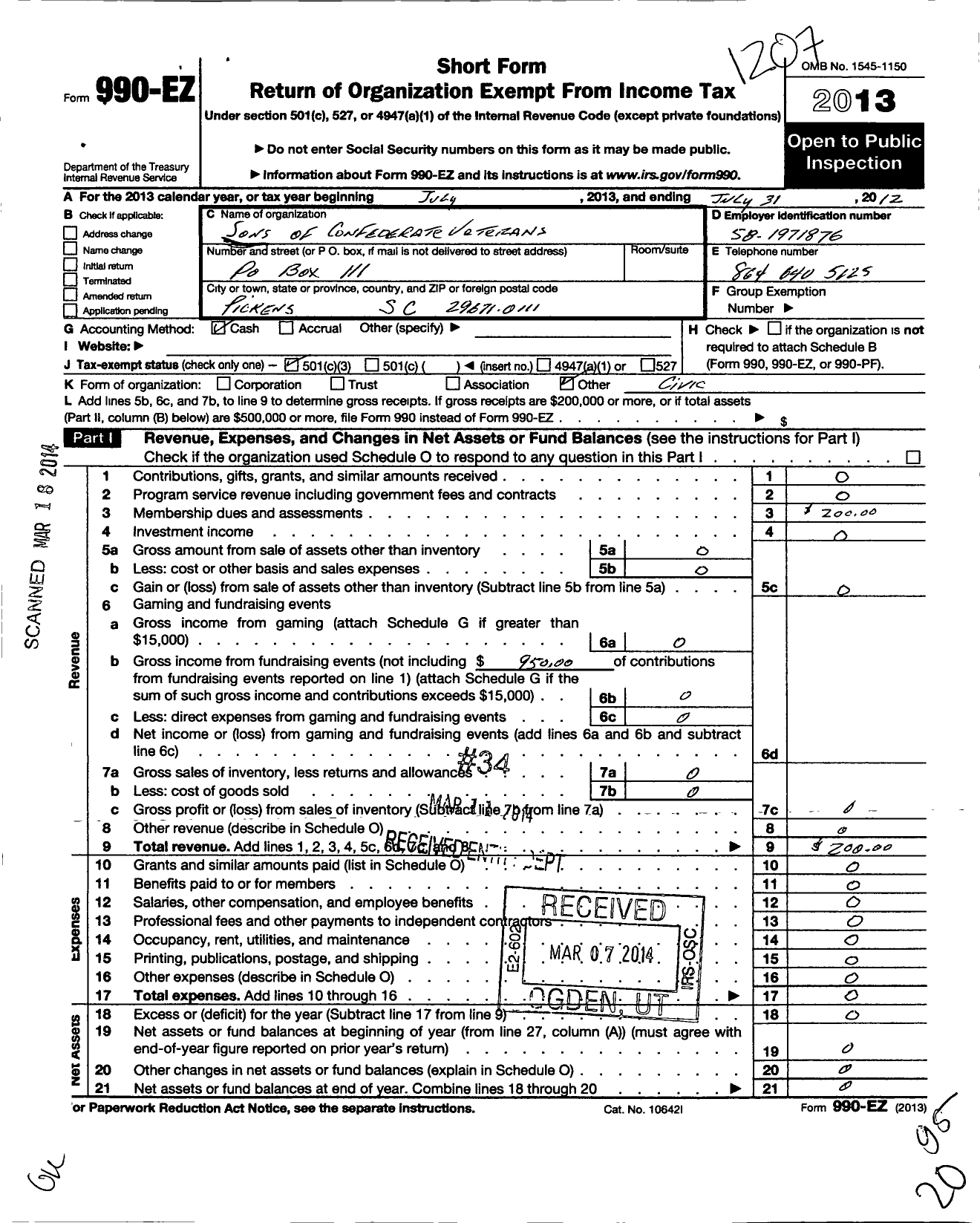 Image of first page of 2011 Form 990EZ for Sons of Confederate Veterans - 71 2nd S C Regiment Pickens