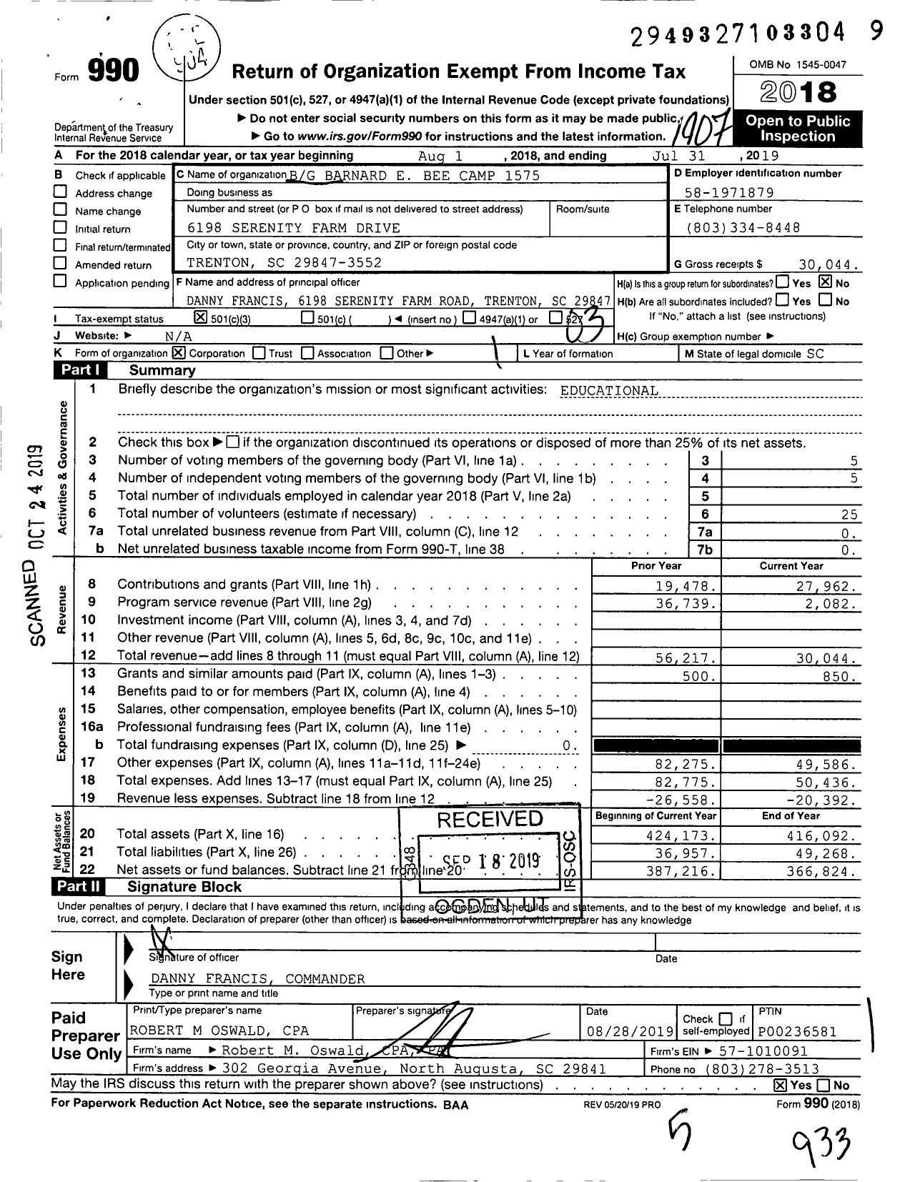 Image of first page of 2018 Form 990 for Sons of Confederate Veterans - Brig Gen Barhard E Bee Camp 1575