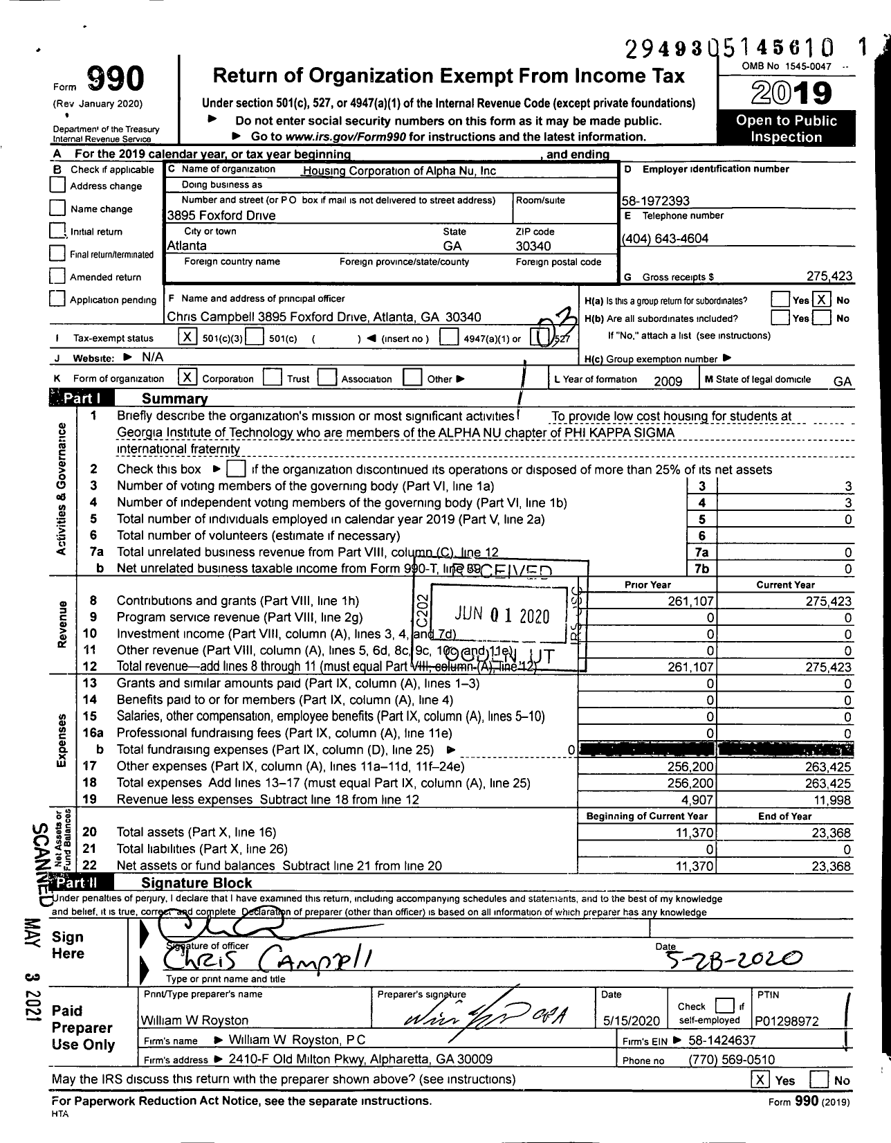 Image of first page of 2019 Form 990 for Phi Kappa Sigma Fraternity / Ga Tech House Corp