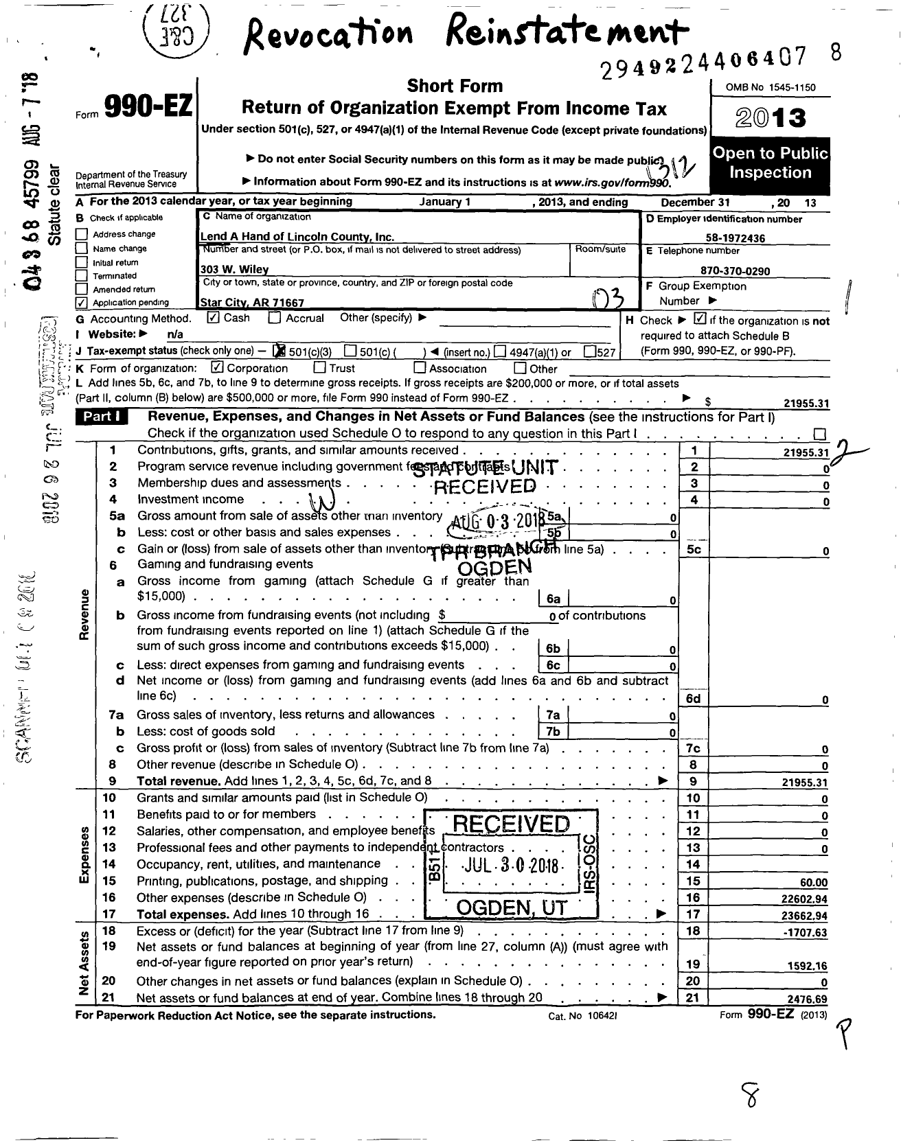 Image of first page of 2013 Form 990EZ for Lend A Hand of Lincoln County