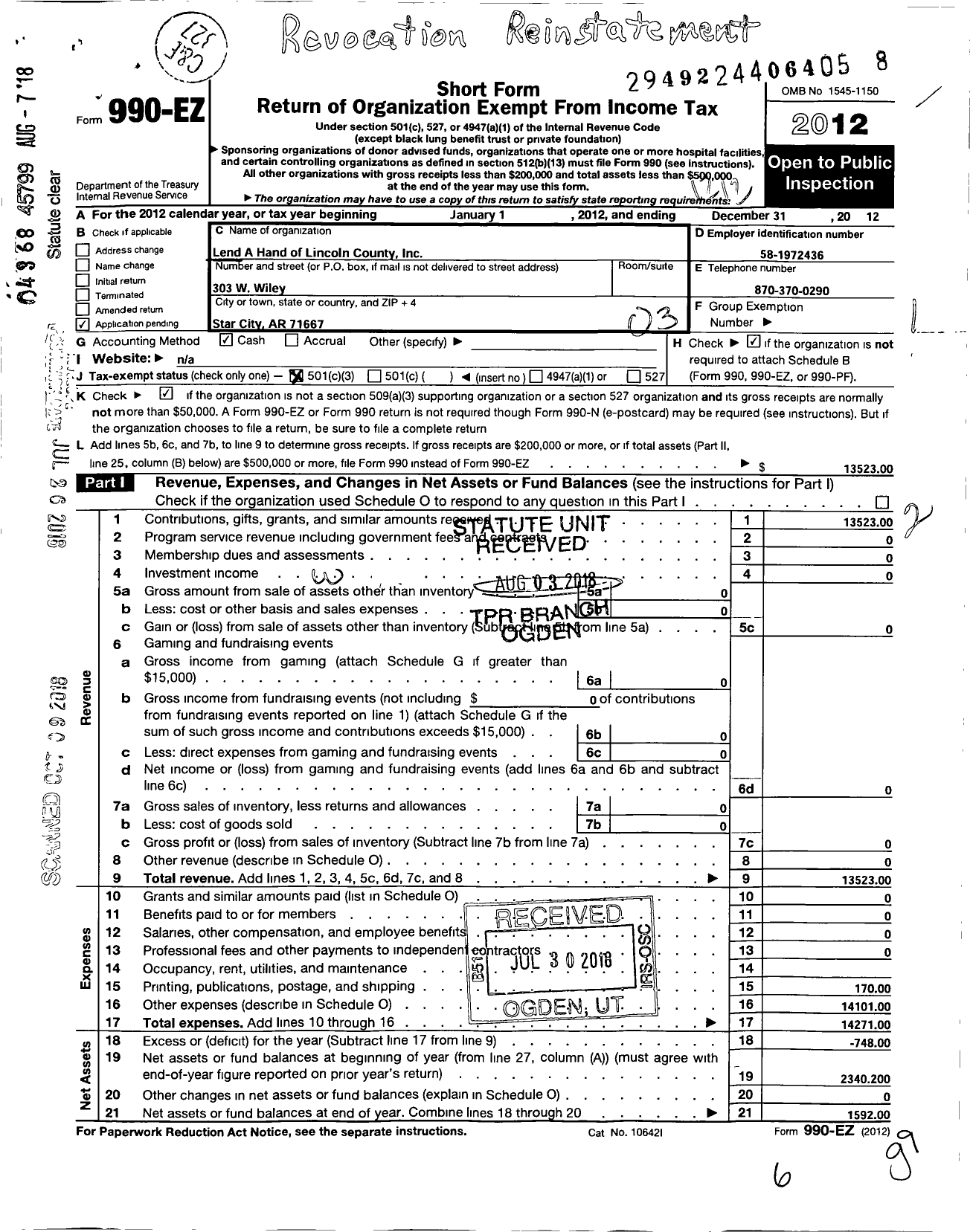 Image of first page of 2012 Form 990EZ for Lend A Hand of Lincoln County