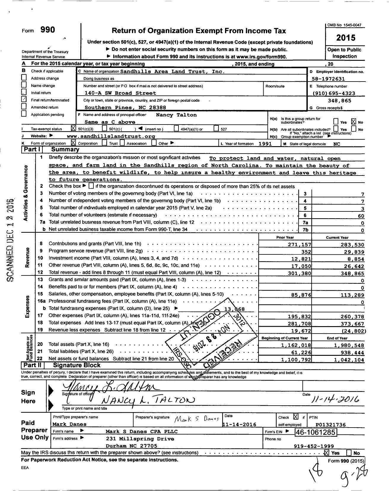 Image of first page of 2015 Form 990 for Sandhills Area Land Trust