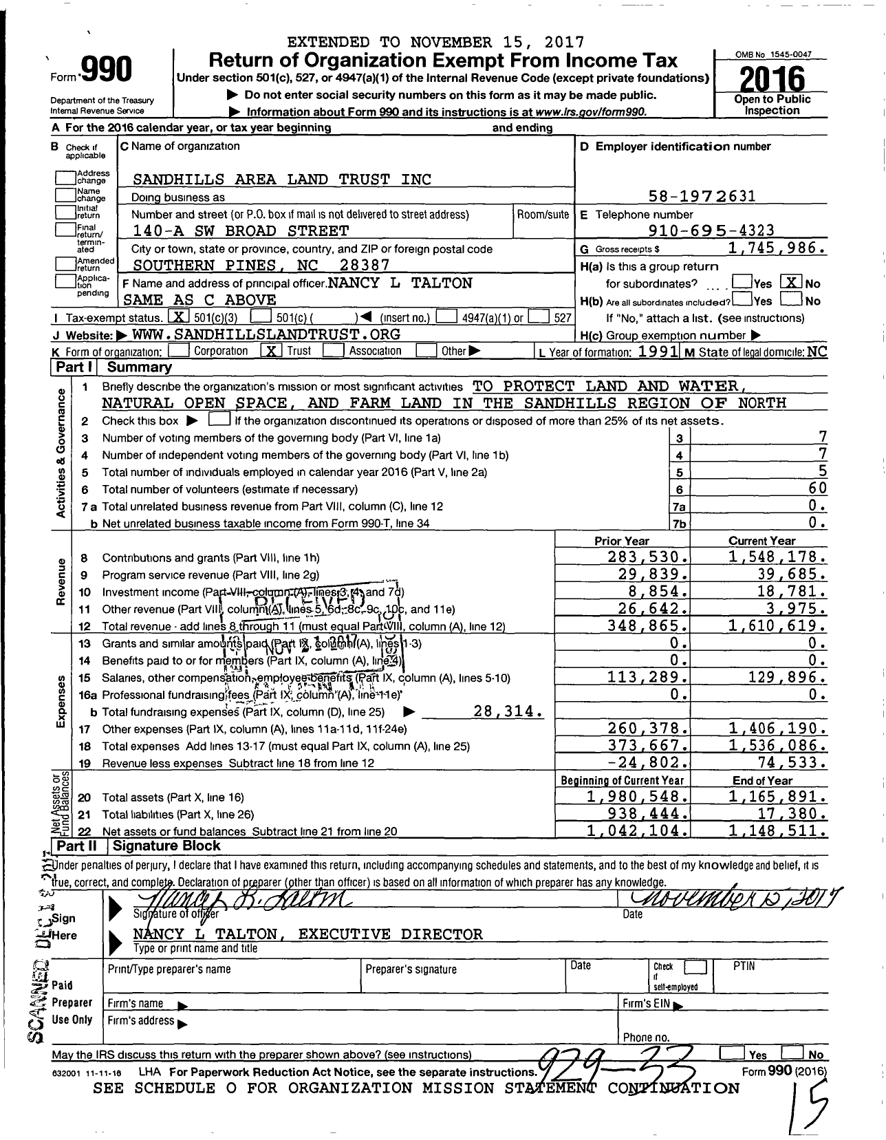 Image of first page of 2016 Form 990 for Sandhills Area Land Trust